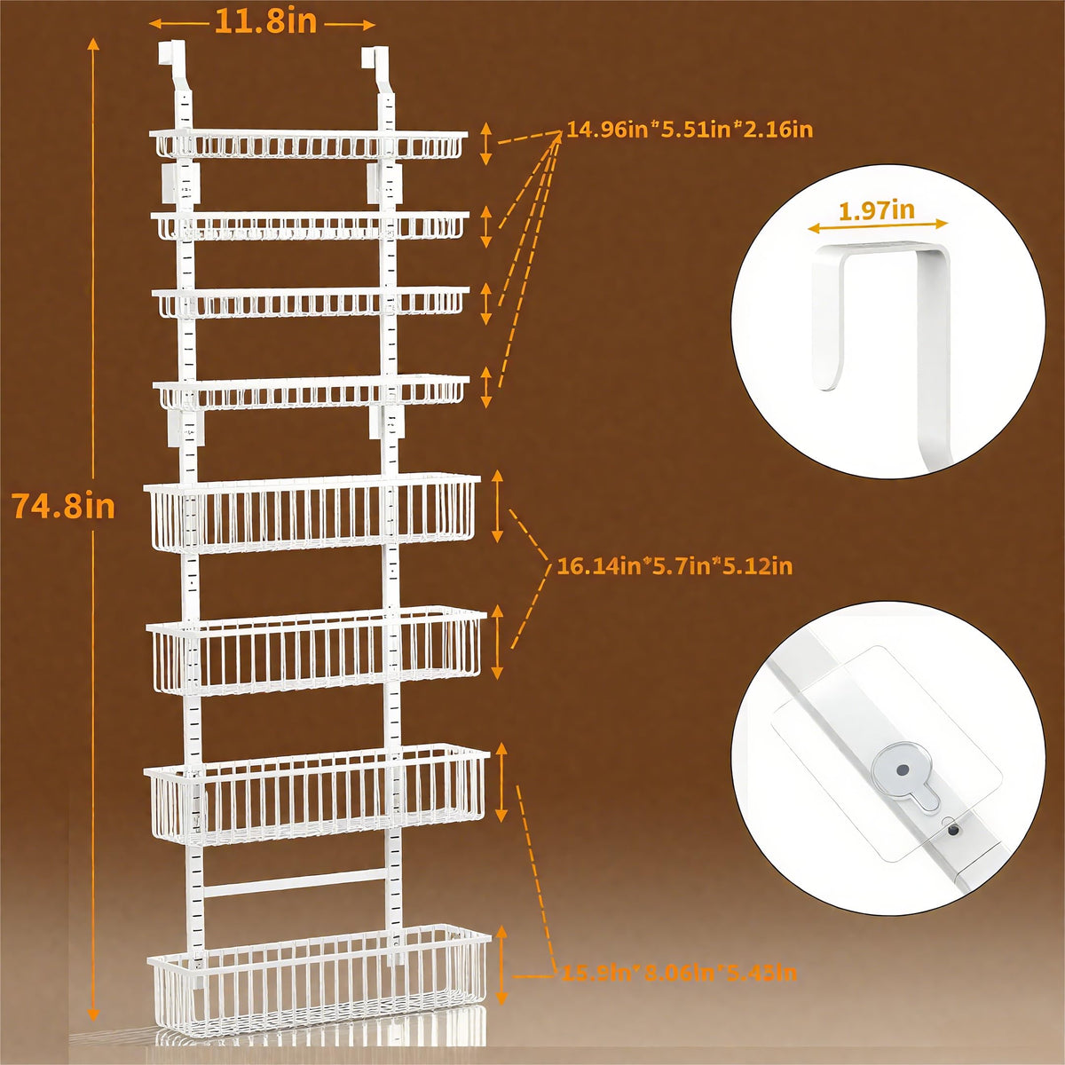 Moforoco Over The Door Pantry Organizer, Pantry Door Organizer Shelves, Kitchen Organizers and Storage, Hanging Basket Wall Spice Rack Seasoning Shelves, Laundry Room Bathroom accessories（White