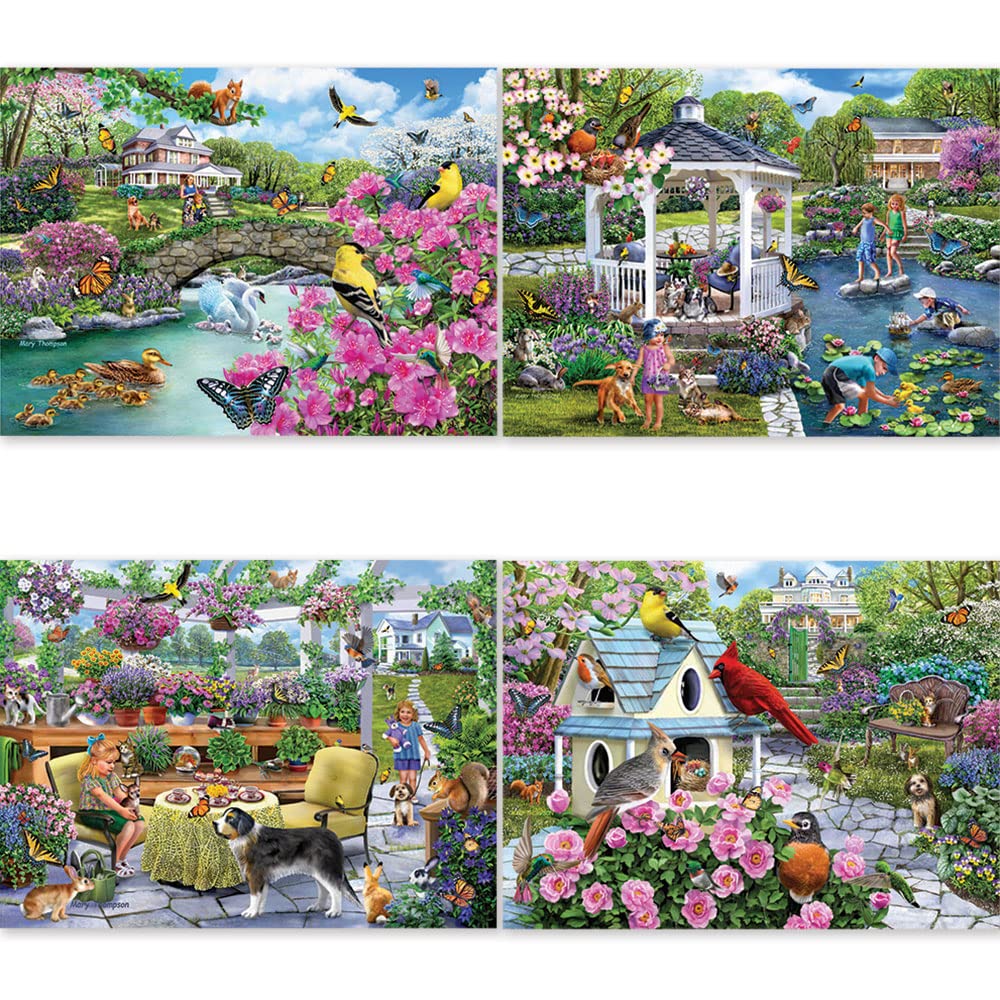 Bits and Pieces – Multipack of Four (4) 300 Piece Jigsaw Puzzles for Adults - Puzzles Measure 40 cm x 61 cm – 300 pc Greenhouse Tea Party, Gardens, Footbridge, Gazebo Jigsaws by Artist Mary Thompson