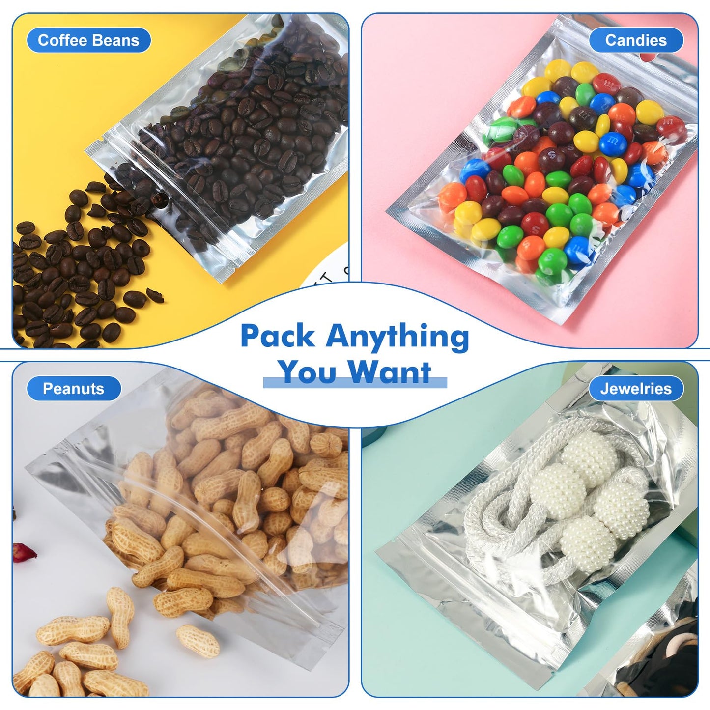100-Pack Large Reclosable Mylar Bags for Food Storage 7" x 10" Stand Up Bags in Bulk 1 Quart Large Resealable Smell Proof Aluminum Foil Bags with Clear Window Kitchen Storage Edible Packaging