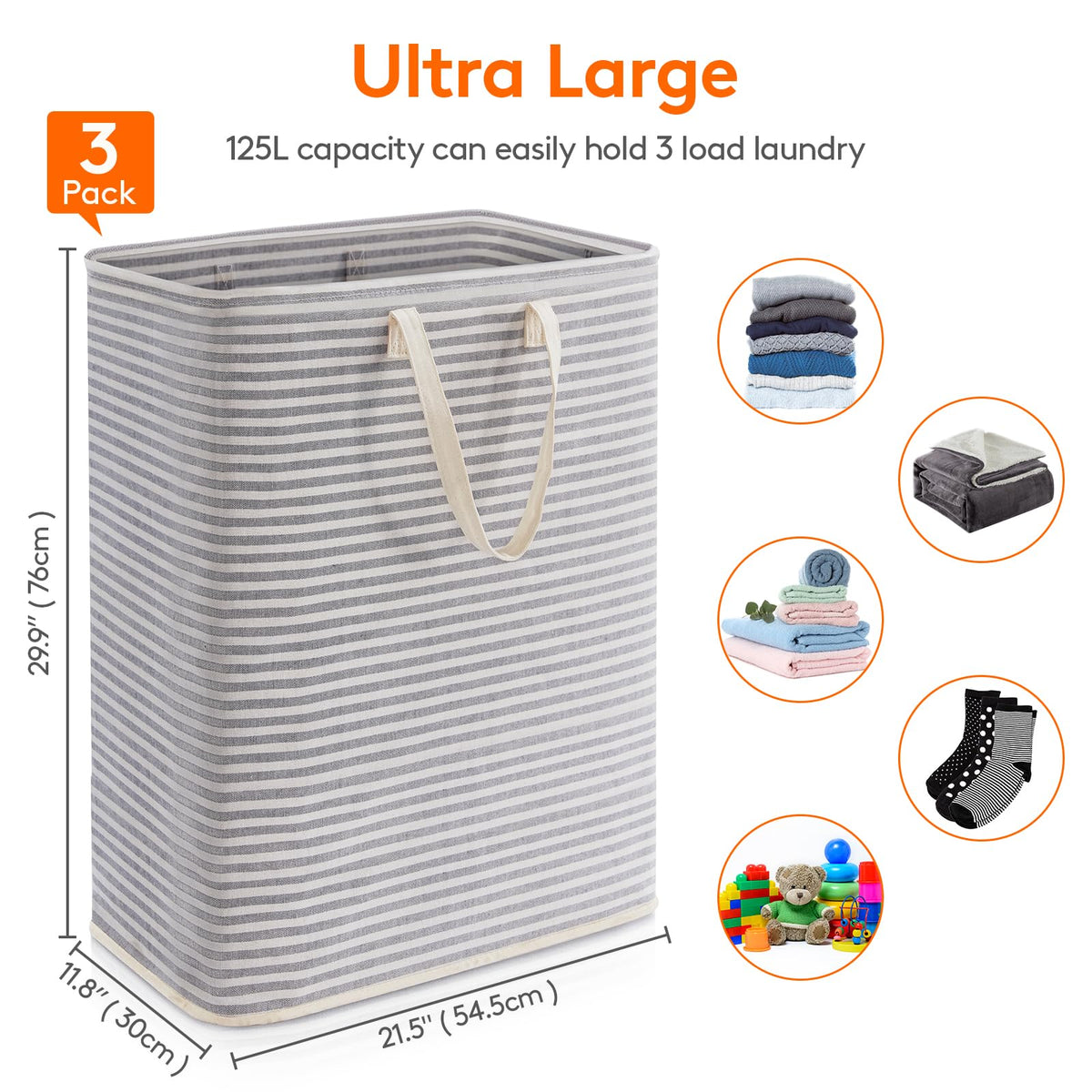 Lifewit 3-Pack 125L Freestanding Laundry Hamper, Large Collapsible Laundry Baskets with Easy Carry Extended Handles, Waterproof Clothes Hamper in Bedroom, Bathroom, Laundry Room, College Dorm, Grey