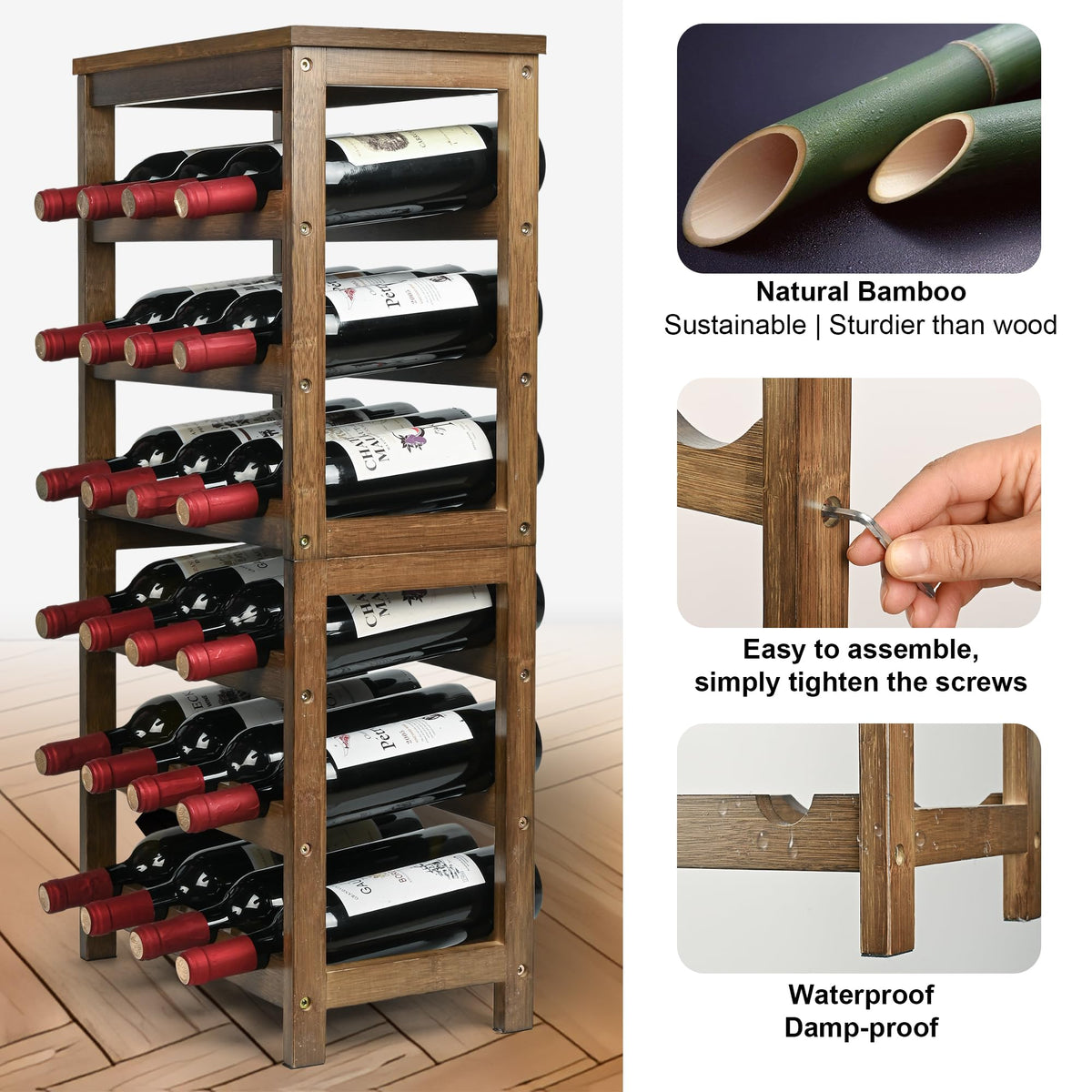VASMIA Wine Rack Freestanding Floor, 6-Tier Display Wine Storage Shelves with Table Top, 24-Botttle Bamboo Wine Rack Shelf for Kitchen Bar Dining Room Living Room, Walnut