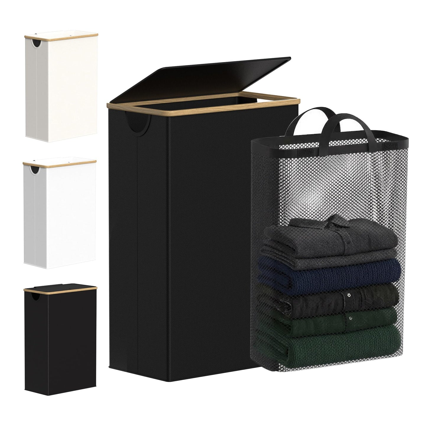 efluky 75L Slim Laundry Basket with Lid, Narrow Laundry Hamper with Removable Bag, Skinny Dirty Clothes Basket with Bamboo Handles for Bathroom, Bedroom & Laundry Room, Black