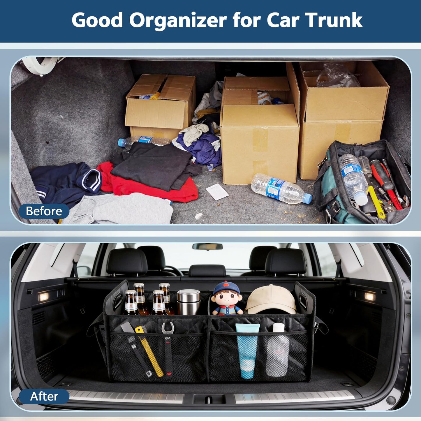 TranRantic Car Trunk Organizer for SUV, 14.9x12.2x11.8in Collapsible Waterproof Trunk Storage Box with Cover & Handles - Durable Car Storage Organizers for SUV Jeep/Sedan