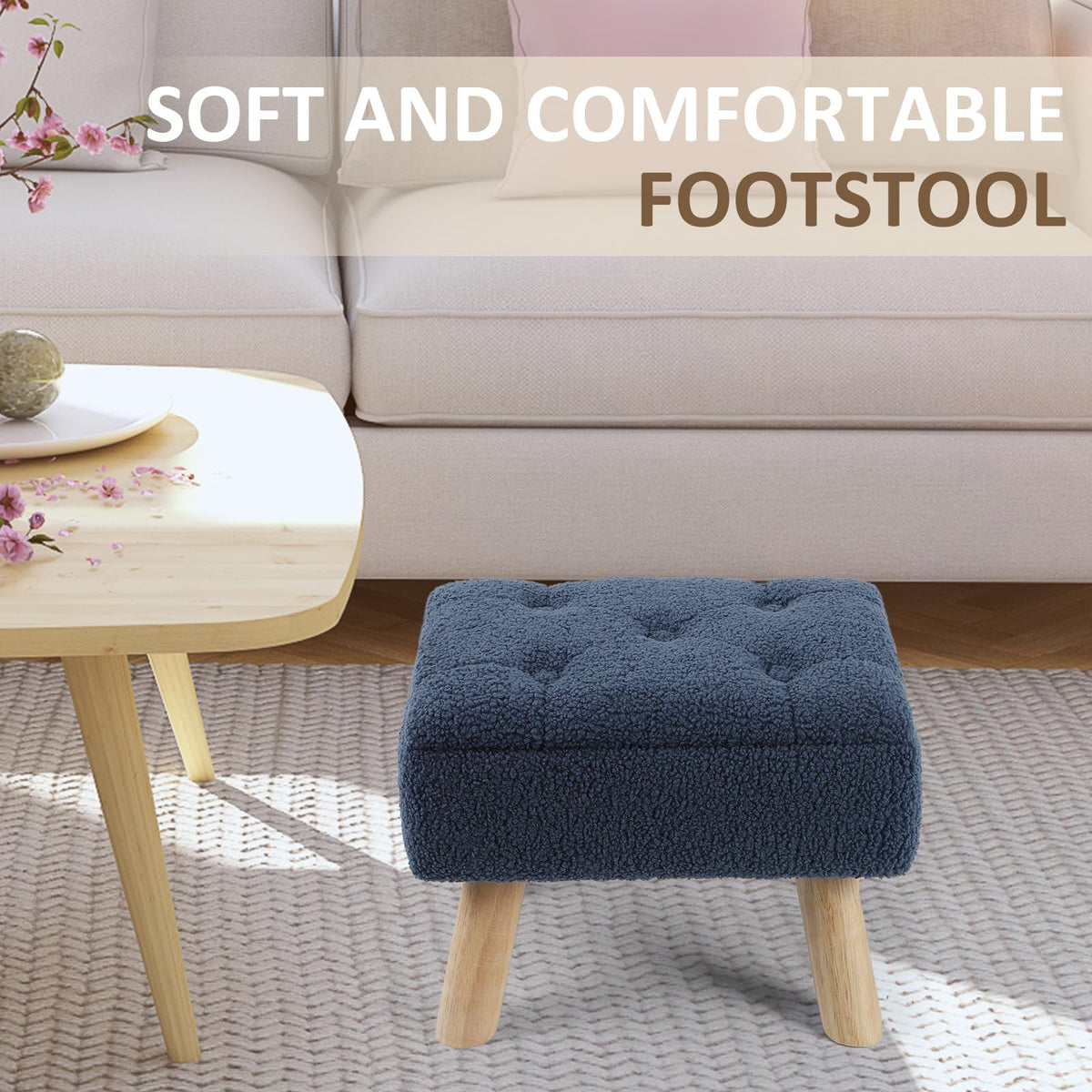OGEMXU Storage Ottoman, Small Foot Stool Ottoman with Storage, Boucle Teddy Velvet Foot Rest with Padded Seat. (Dark Blue)