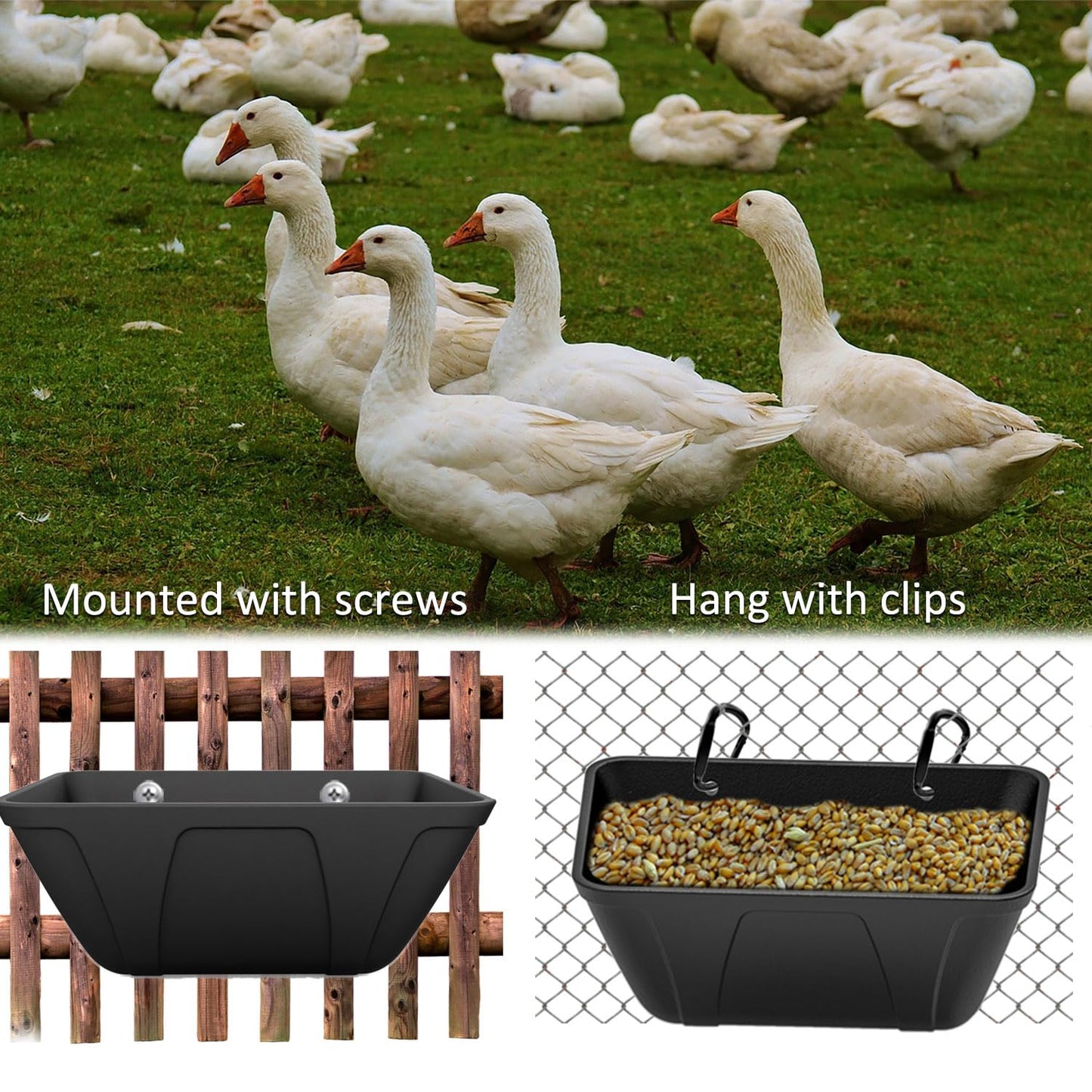 Chicken Feeder Hanging Feed Trough Waterer Bucket for Duck Goose Goat Sheep Dog Poultry & Small Livestock in Coop & Farm Goat Supplies Feeder (4, Black)