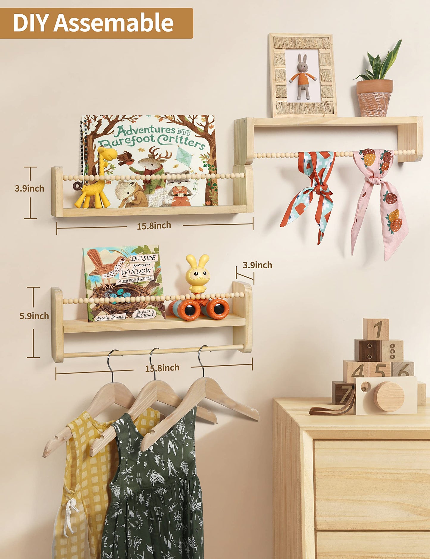 Maxpeuvon Nursery Book Shelves for Wall, Set of 3 Bookshelf Nursery Decor Natural Wood Wall Mounted Organizer with Towel Bar Hanging Floating Bookshelves for Kids Room, Bedroom and Kitchen