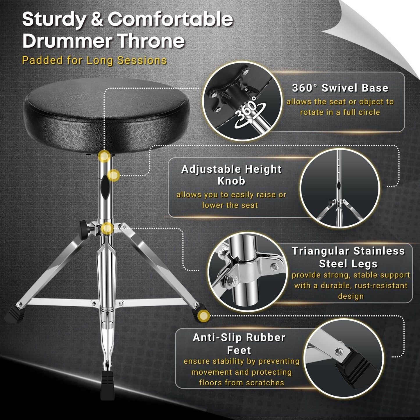 Flexzion Drummer Throne - Padded Drum Stool for Adults & Kids with Adjustable Height - Round Top Drummer Chair Seat with Foldable Tripod & Anti-Slip Rubber Feet for Beginner & Professional Musician