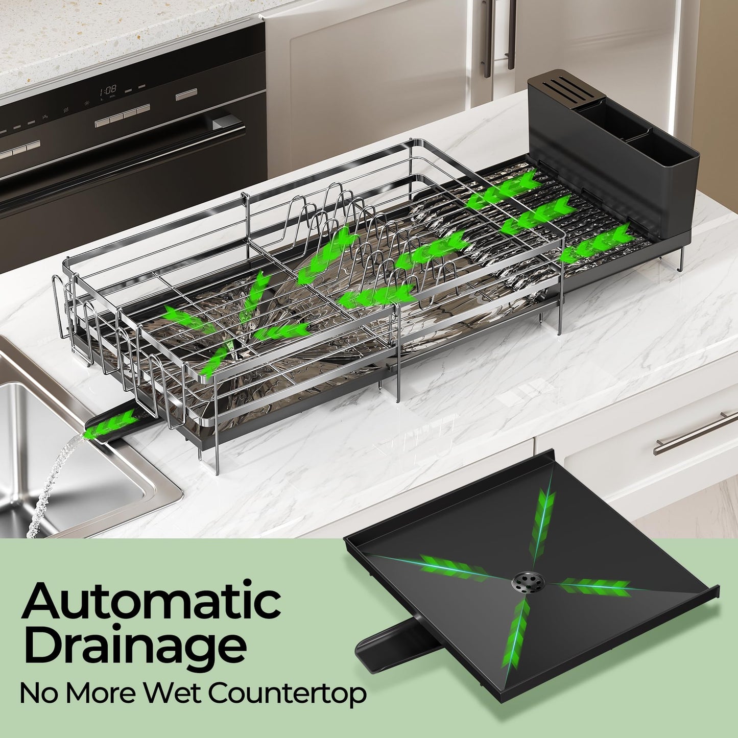 Large Dish Drying Rack, Expandable Dish Rack, Stainless Steel Anti-Rust Dish Racks for Kitchen Counter, Multifunctional Dish Drainer with Utensil Holder & Cup Holder, 13.4"-28.7" L x 11.8" W (1 Tier)