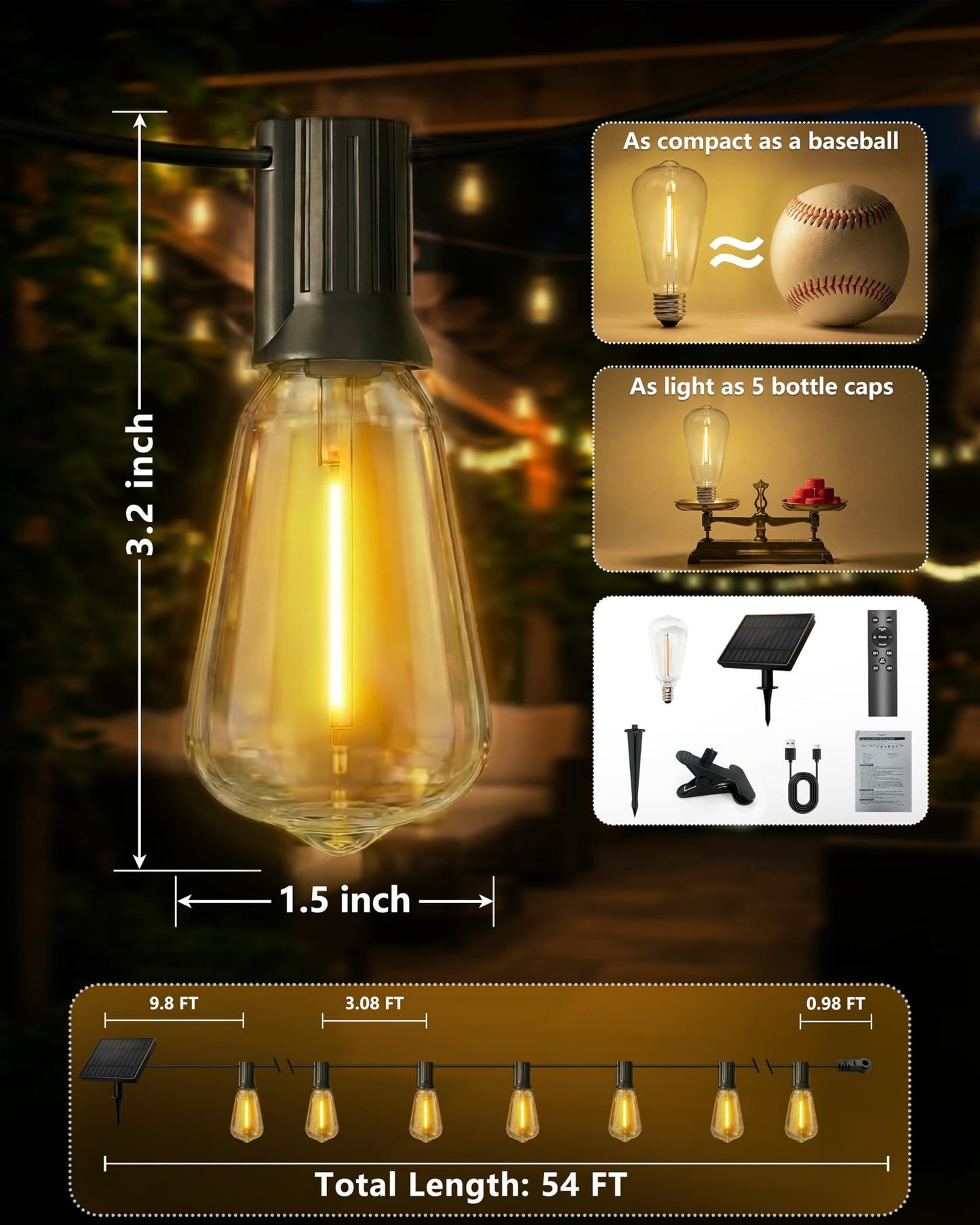 Pesken Solar String Lights Outdoor, Waterproof ST38 LED Patio Lights with Remote & USB Charge, 2700K Dusk to Dawn, Timer & 3 Modes, 54FT Dimmable Solar Powered String Lights for Backyard, Camping