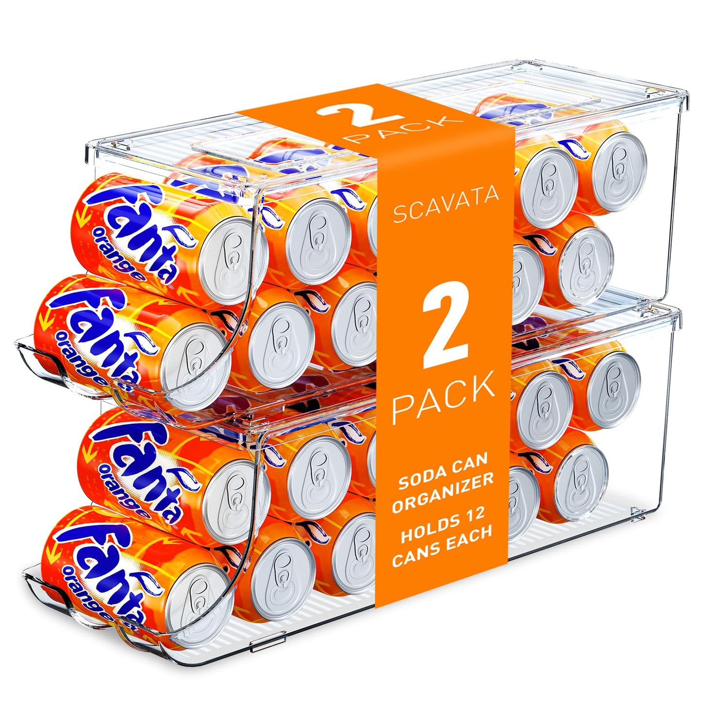 SCAVATA Soda Can Organizer for Refrigerator, Stackable Canned Food Pop Cans Container Can Holder Dispenser with Lid for Fridge Rack Freezer, Clear Storage Bins-Holds 12 Cans Each (2 Pack)