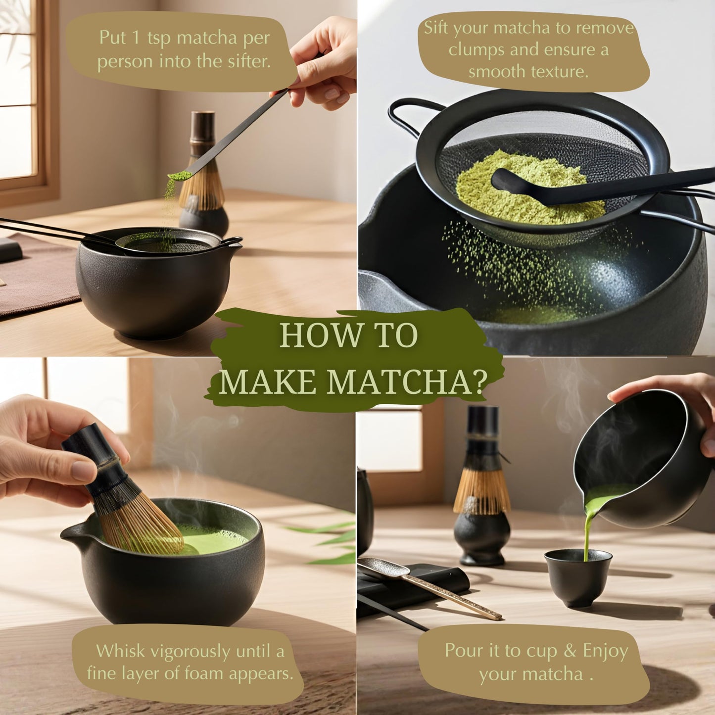 ZENSO Premium Matcha Whisk Set – 8 Piece Japanese Matcha Tea Ceremony Kit | Matcha Bowl, Purple Bamboo Whisk, Whisk Holder, Sifter, Scoop & Scoop Holder, Cloth, Spoon - Dark Gray