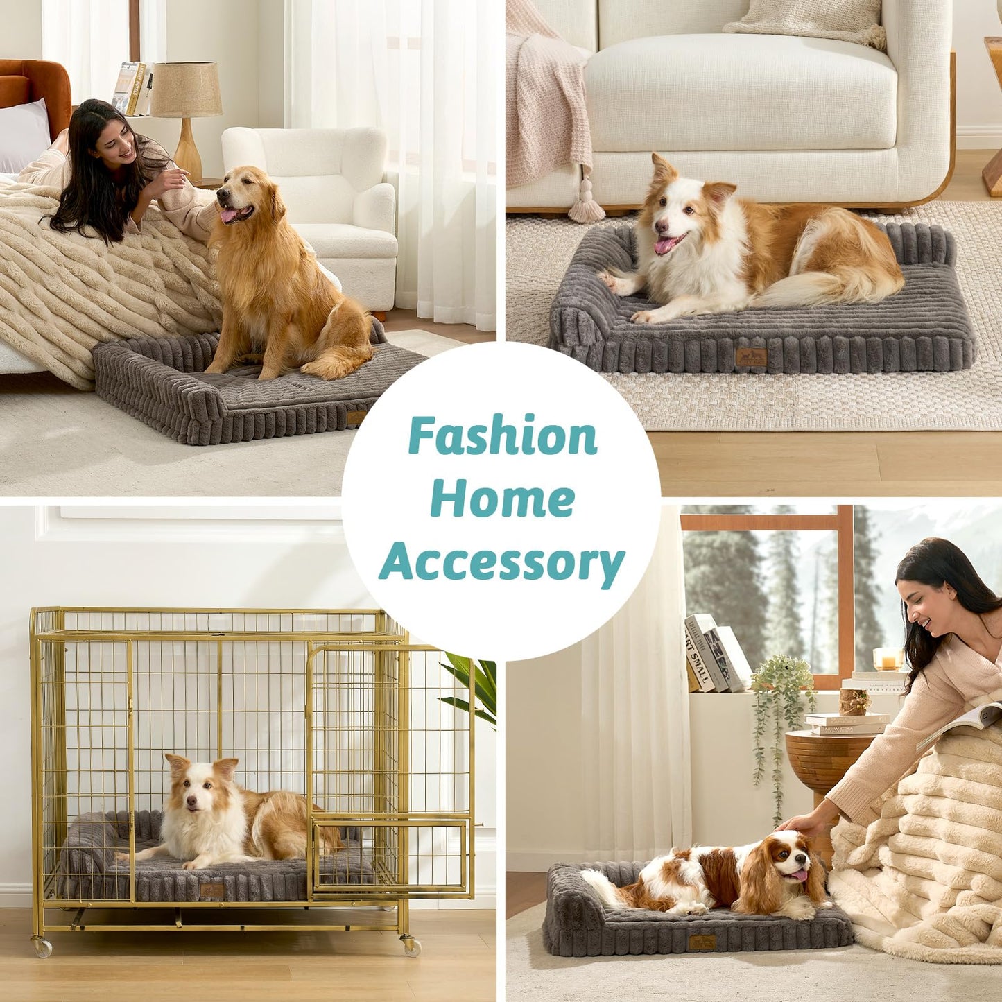 COZY KISS Cute Dog Bed, Faux Fur Orthopedic Foam Dog Bed with Sides, Removable Washable Cover & Waterproof Lining, Comfortable Pet Couch for Extra Large Dogs, Grey (48" L x 35" W x 7.5" Th)