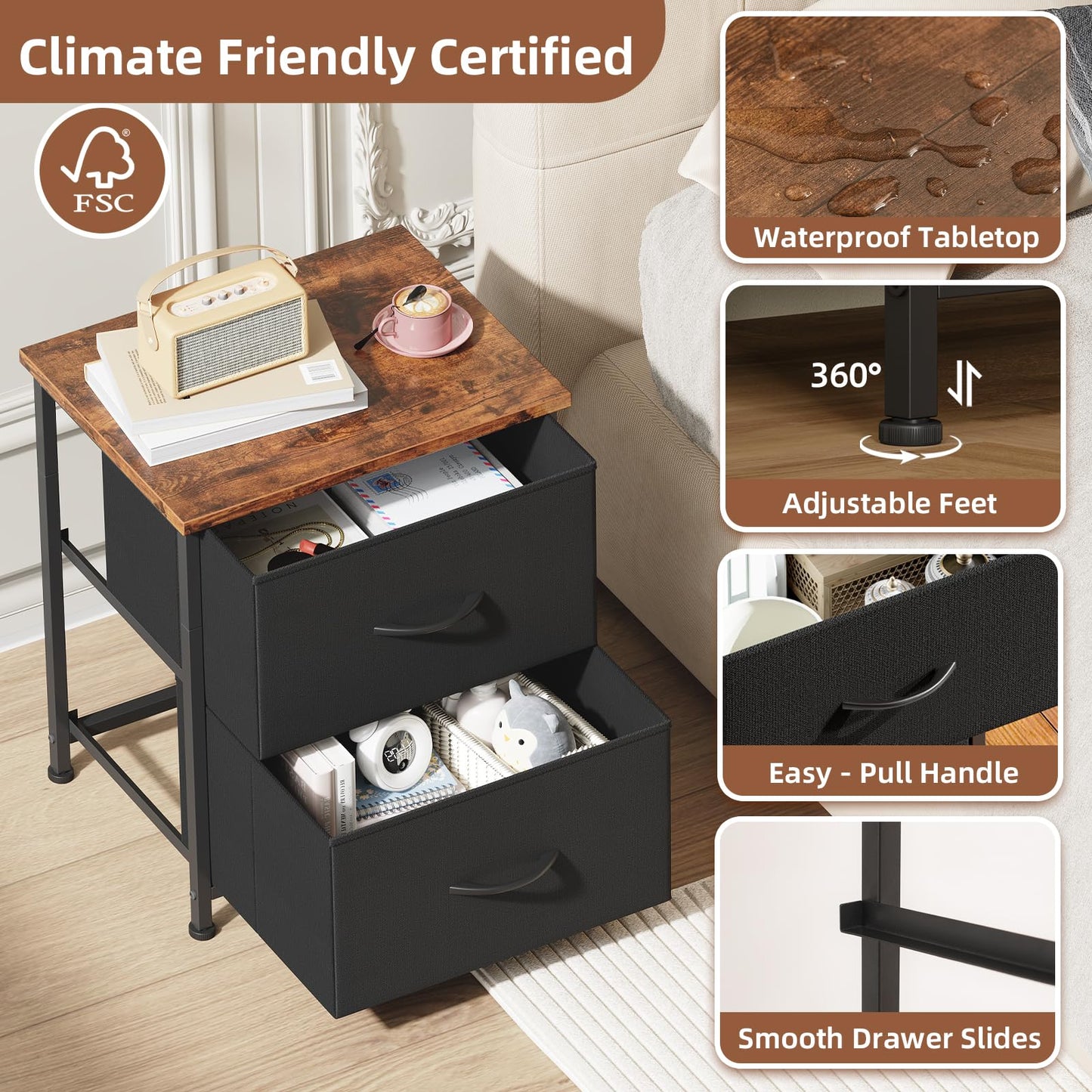 Somdot Nightstand with 2 Drawers, Small Bedside Table with Removable Fabric Bins for Bedroom, Nursery & Living Room - Sturdy Steel Frame, Wood Top, Black Rustic Brown