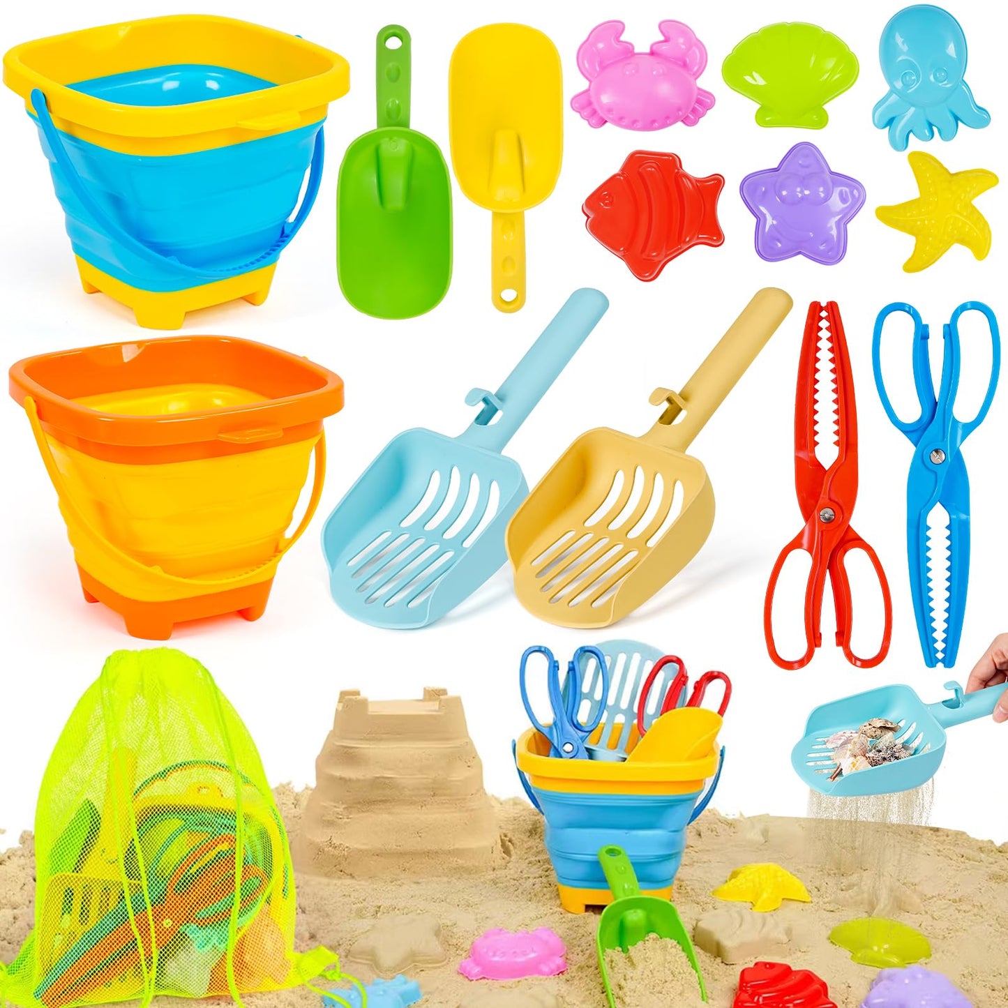 Beach Sand Toys for Kids with Collapsible Silicone Buckets Sand Molds Shovels Sand Tool Sifters for Underwater Treasure Hunting, Mesh Bag Travel Essential Outdoor Sandbox Toy for Toddler 3 4 5 6