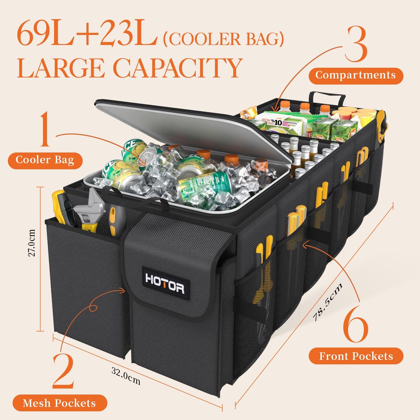 HOTOR Car Trunk Organizer for SUV - Large Car Organizer with Removable Car Cooler, 3 Compartments and 8 Pockets for Car Accessories, Foldable Design & Adjustable Straps, Black, 78.5 x 32.0 x 27.0 cm