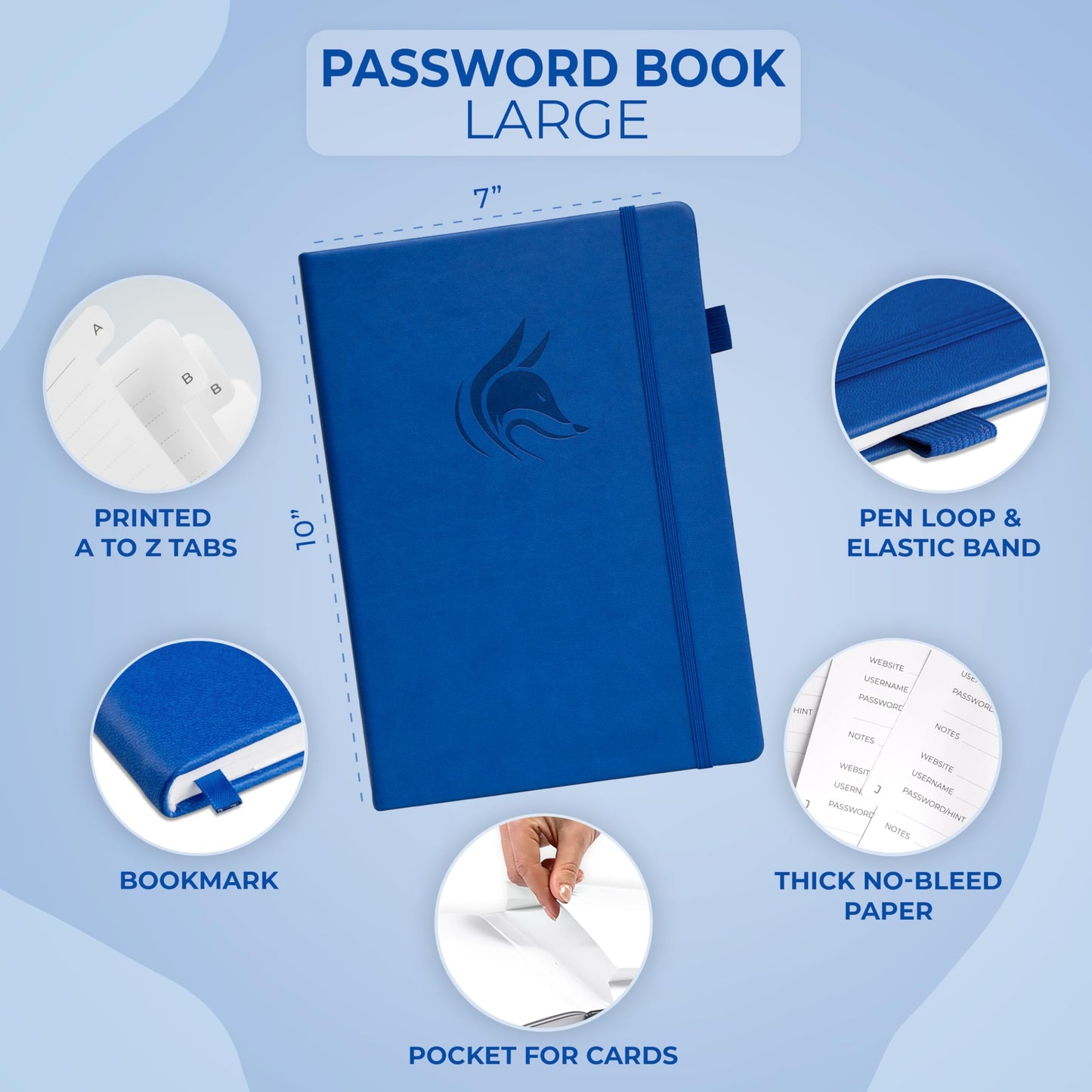 Clever Fox Password Book with Alphabetical Tabs – Small Hardcover Address Keeper Log – Large Journal for Seniors, Home Office Gifts (Royal Blue)