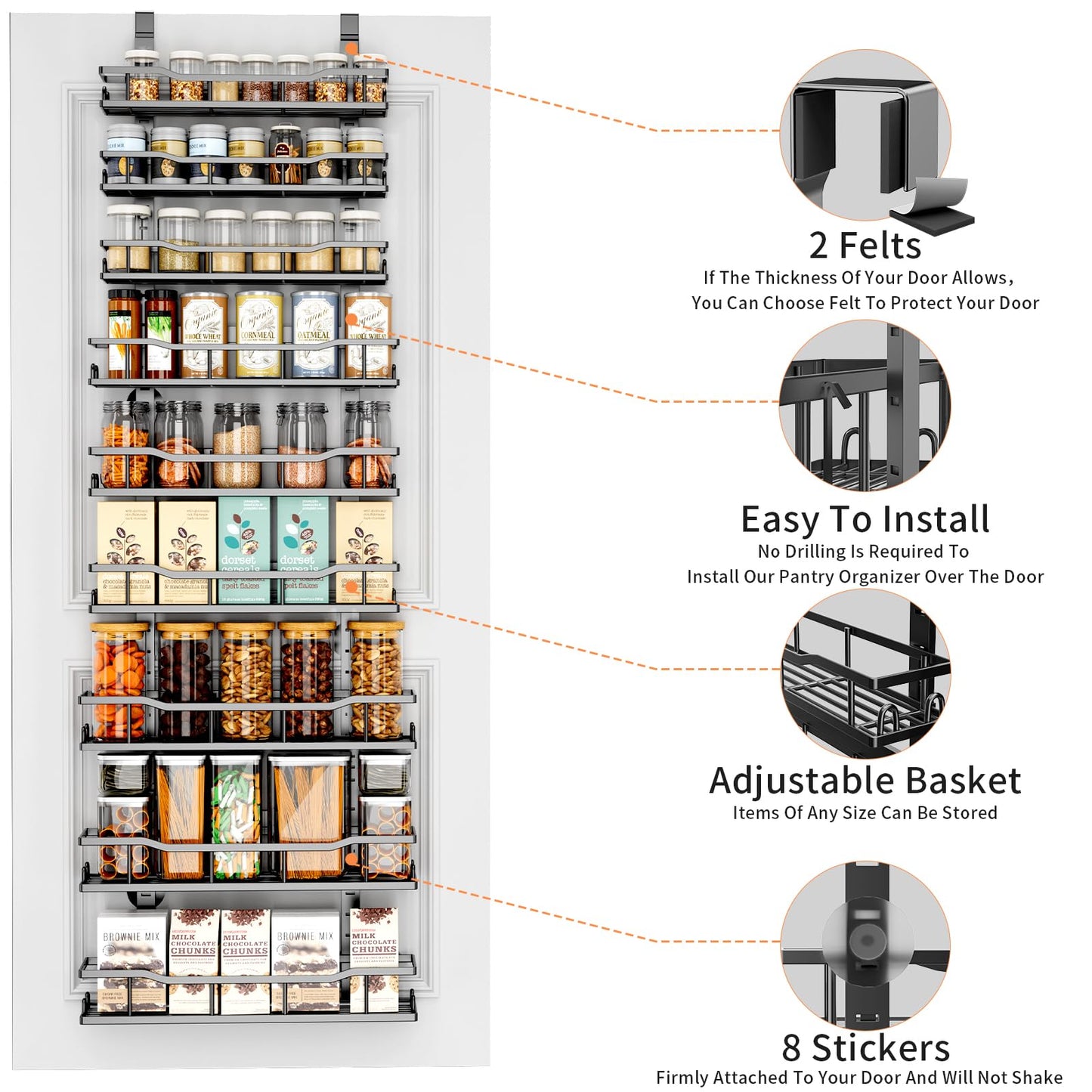 MSERCUOR 9-Tier Over The Door Pantry Organizer Rack，Adjustable Metal Basket Spice Rack Seasoning Shelves, Hanging Spice Rack for Pantry Door, Kitchen Laundry Fit Wider Door (9 Tier Black)