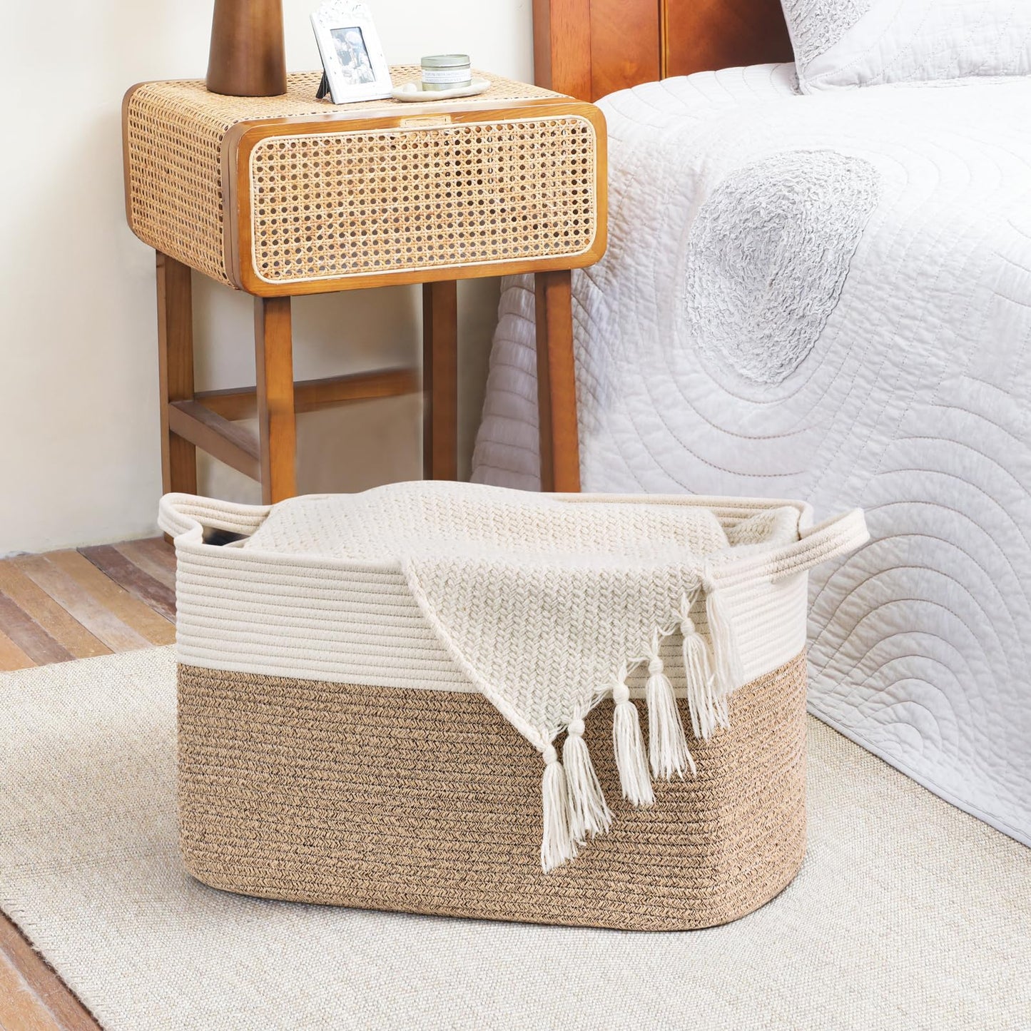 Goodpick Large Storage Basket 21.6" x 14.9" x 11.8", Blanket Baskets for Living Room, Woven Rope Storage Basket for Toys, Towels, Rectangle Laundry Dirty Clothes Baskets for Nursery, Mix Brown