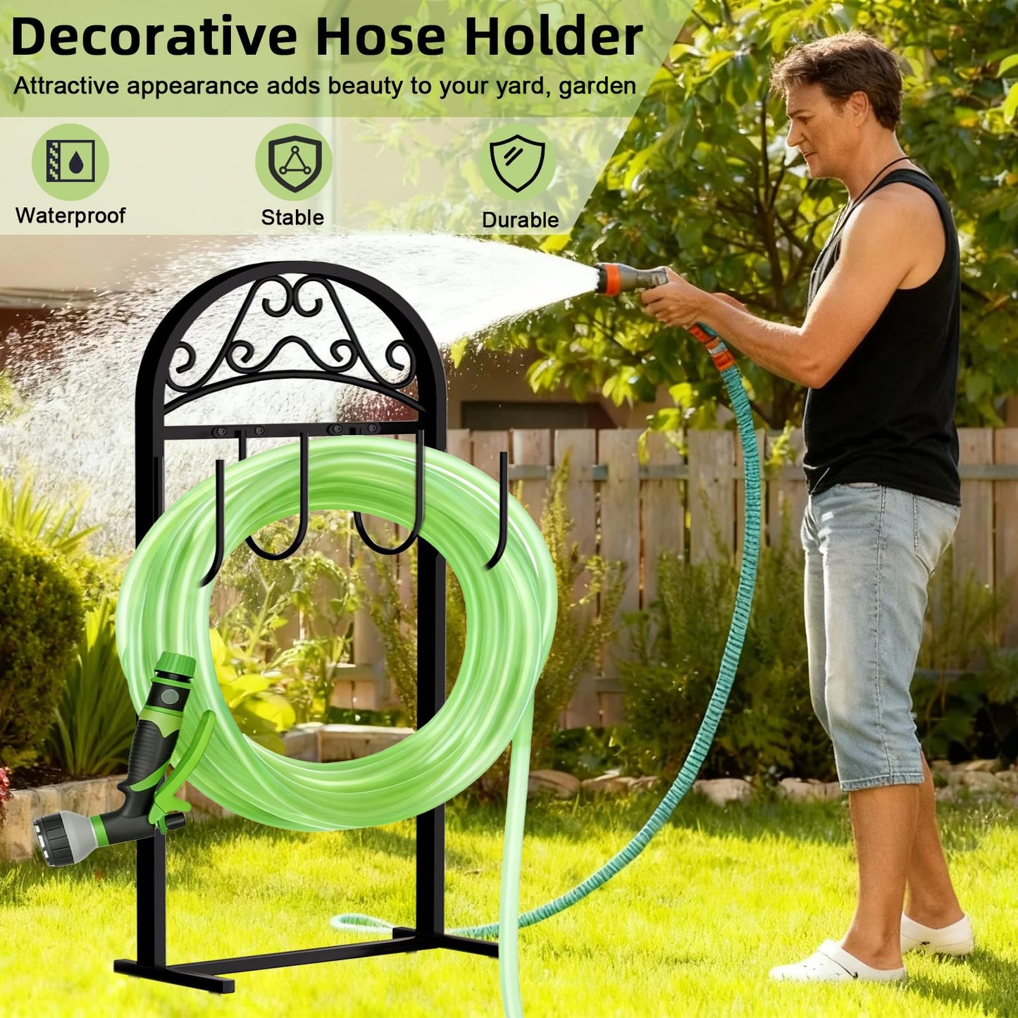 Freexployer Hose Holder, Heavy-Duty Garden Hose Stand for 100FT Hoses, Freestanding Water Hose Holder for Yard & Garden, Black