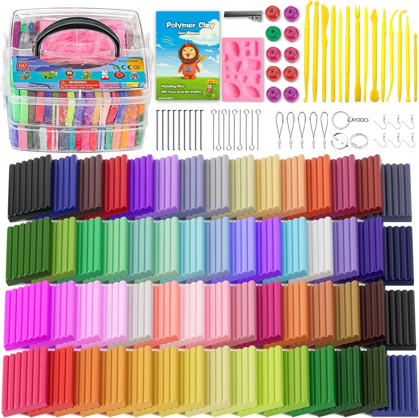 CiaraQ Polymer Clay-Oven Baked Modeling Clay with Sculpting Tools, 60 Colors, 3.24 lbs