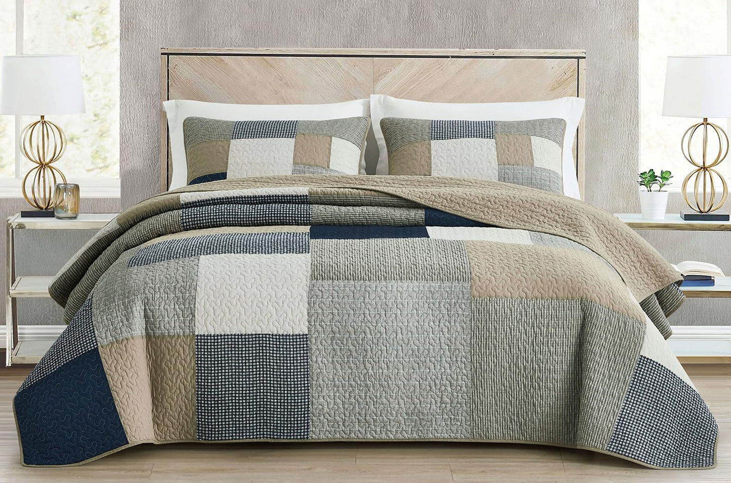 Chezmoi Collection Addy 3-Piece Navy Blue White Gray Taupe Plaid Patchwork Quilt Set - Pre-Washed Cotton Coverlet - Lightweight Reversible Bedspread, Queen Size