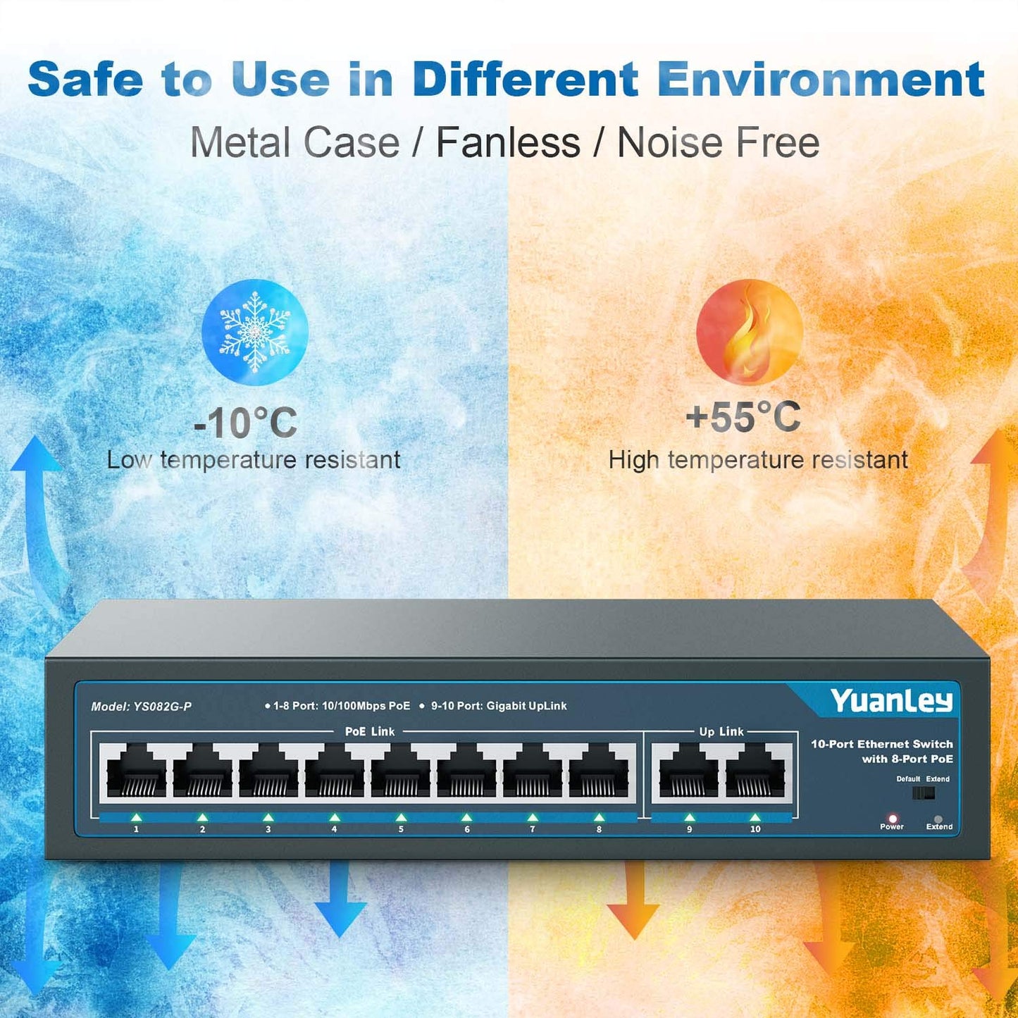 YuanLey 10 Port PoE Switch, 8 PoE Port 100Mbps, 2 Uplink Gigabit, 120W 802.3af/at, Extend Function, Metal Fanless Unmanaged