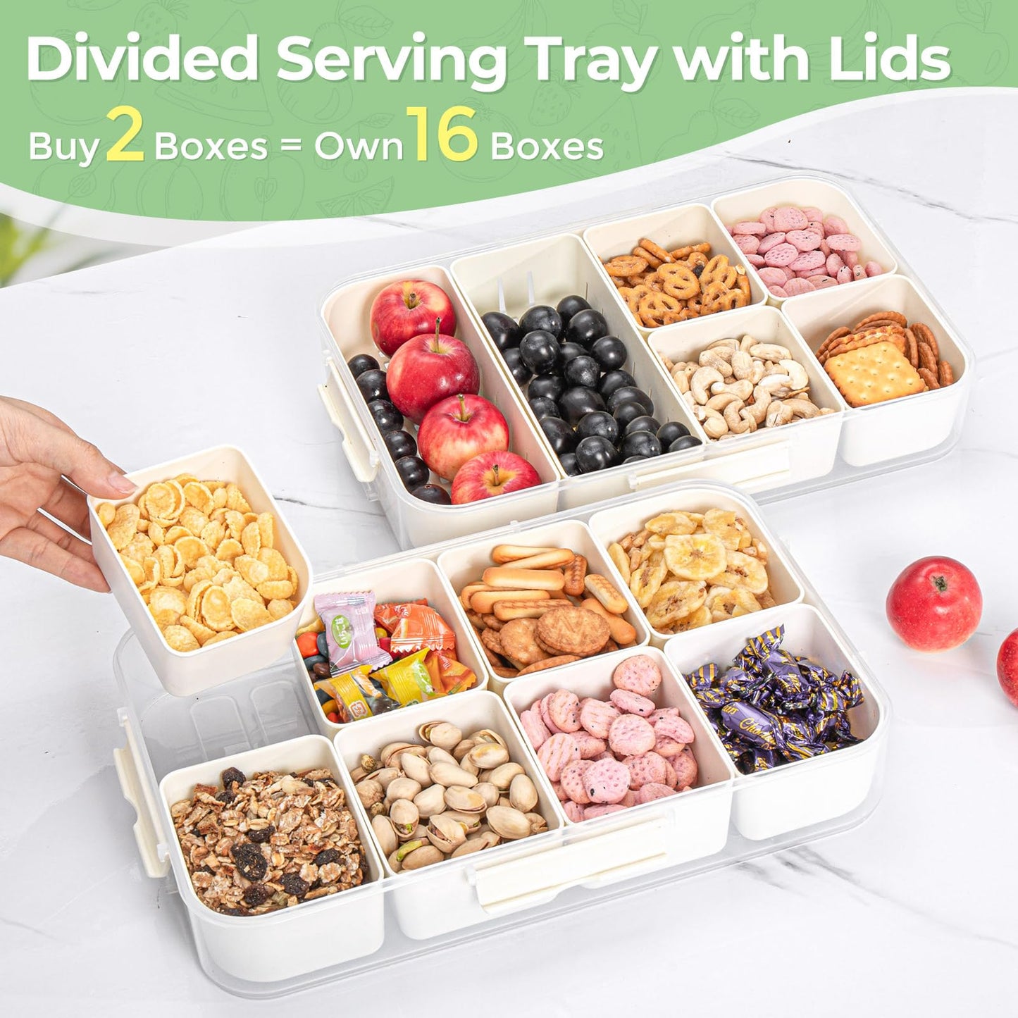 2 Pack 8 Compartment Snackle Box Container Divided Serving Tray, Luxear Snack Box Charcuterie Container with Lid and Handle,Portable Snack Platter Organizer for Candy Fruits Veggie Party Travel Picnic