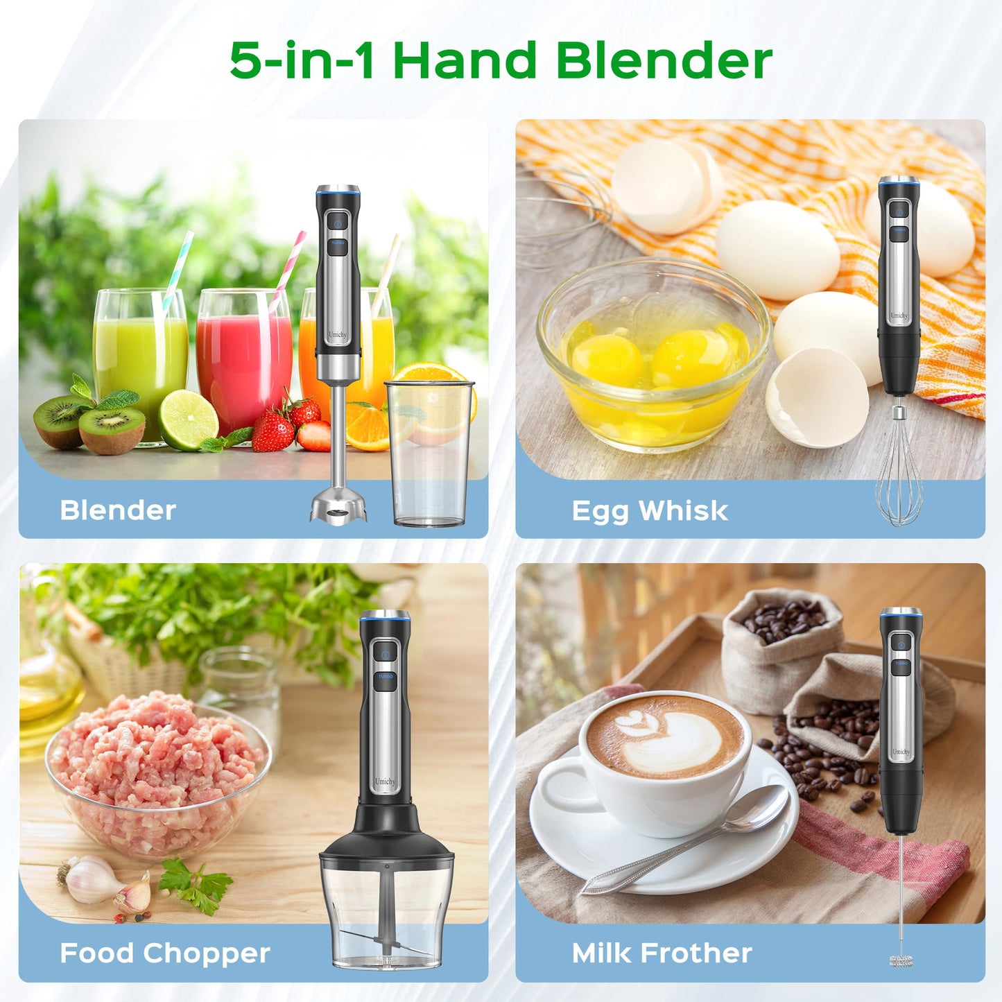 Powerful Hand Blender, Electric Immersion Blender 1000W with 21 Speed and Turbo Mode, 5-in-1 Handheld Blender, Milk Frother, Egg Whisk, 800ml Beaker, 600ml Chopper and 304 Stainless Steel Blades
