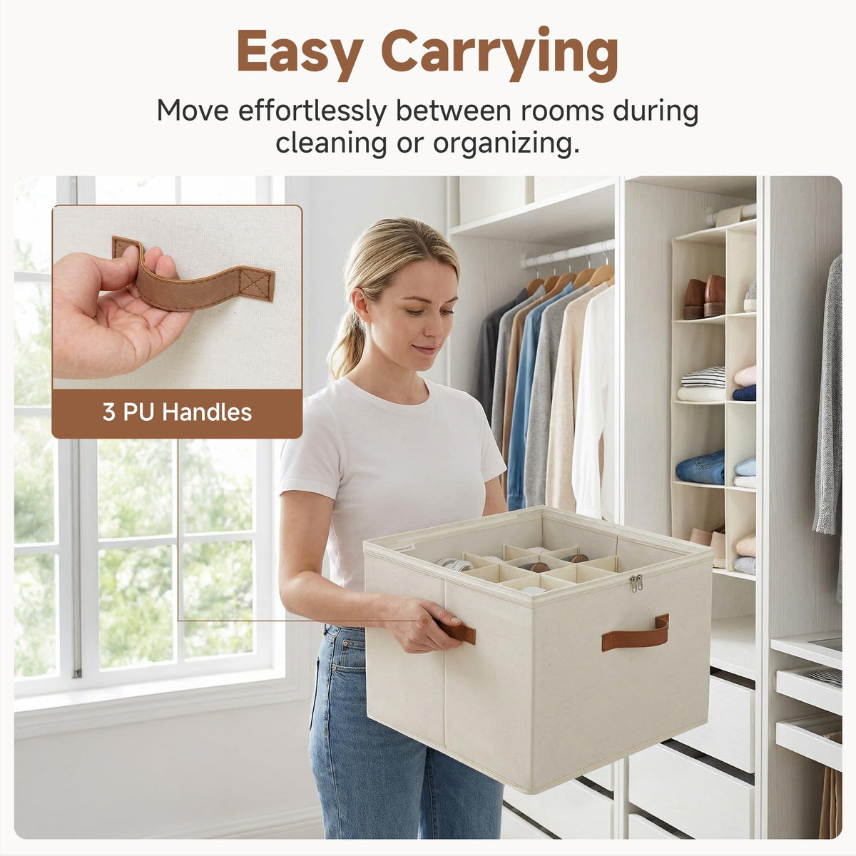 StorageWorks Collapsible Shoe Organizer for Closet, Shoe Box for Cabinet, Fits up to 16 Pairs, Shoe Cubby Storage Container with Adjustable Dividers and Clear Cover, Rangement Chaussures, Beige