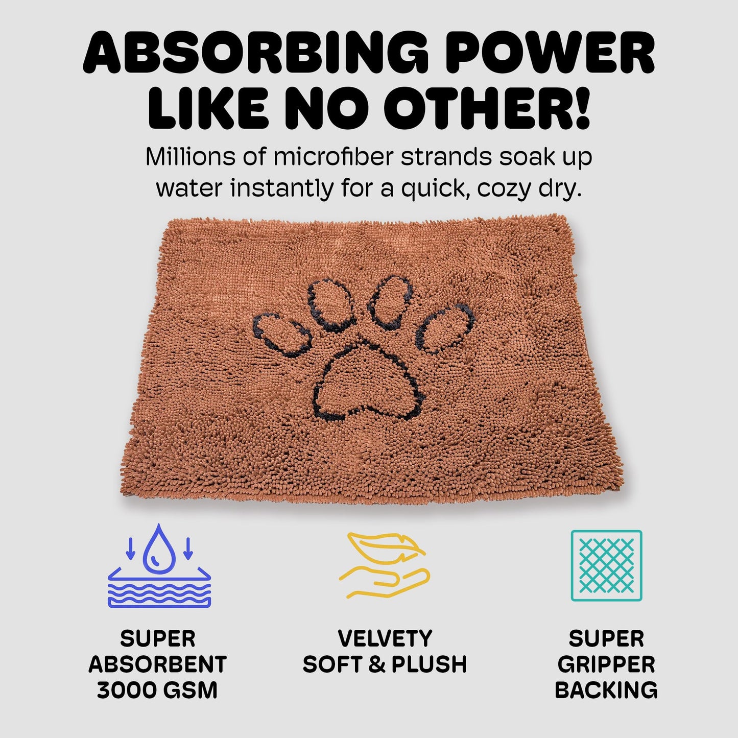 Dog Gone Smart Dirty Dog Doormat - Fast Drying Rug with Super Gripper Backing for Clean Floors - Super Absorbent and Machine Washable Mat for Muddy Paws - Brown