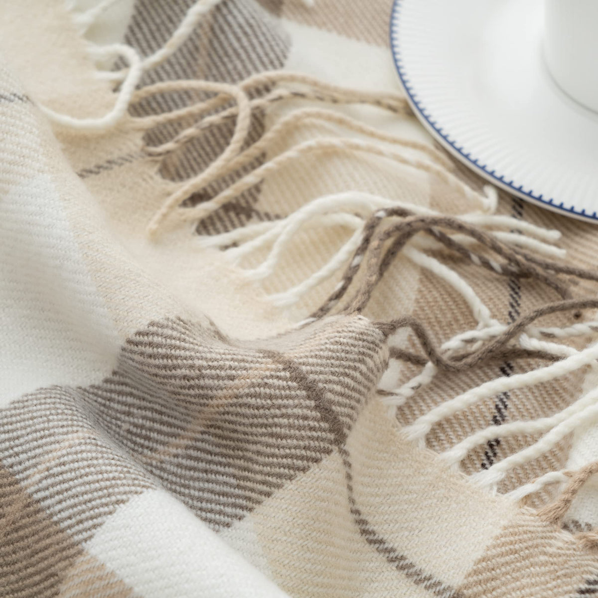 BATTILO HOME Grey White Plaid Throw Blanket for Couch, Fall Decor Throw Blankets Farmhouse Style, Super Soft Decorative Throw with Tassels 49"x63"