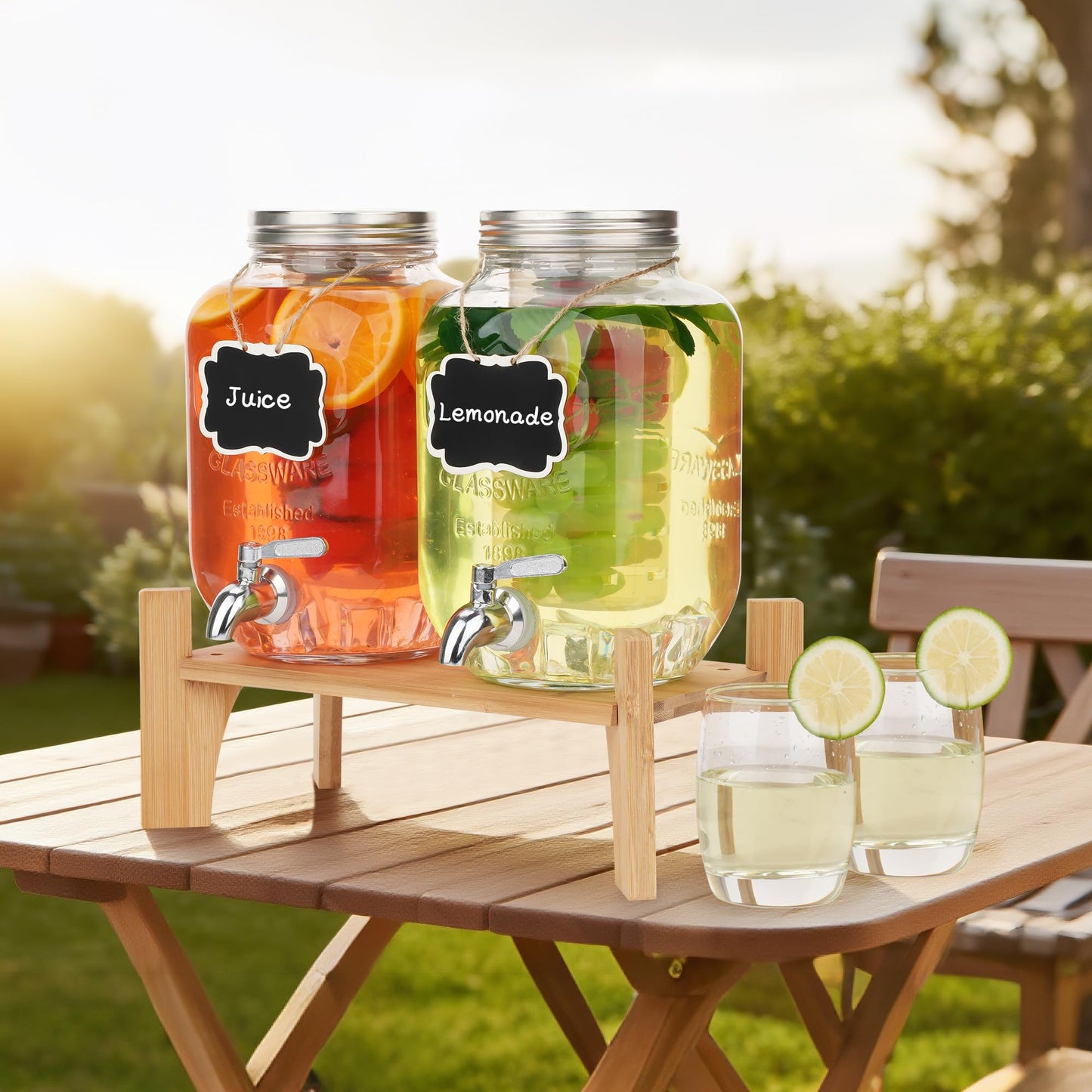 Set of 2 Glass Drink Dispensers for Parties, 1 Gallon Ice Beverage Dispensers with Stand, Juice Dispenser with Fruit Infuser & Leak-Proof Spigot, Ideal for Lemonade, Tea, and Party Drinks
