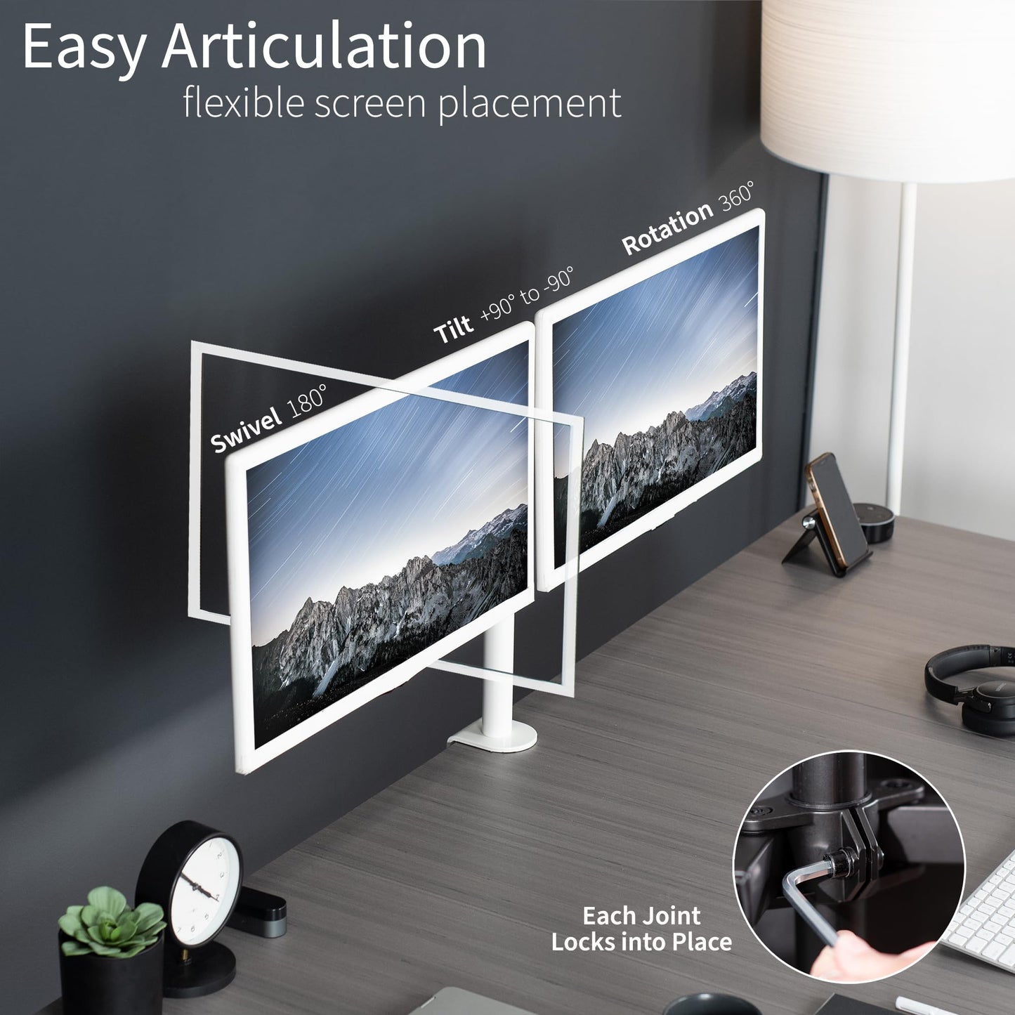 VIVO White Dual 13 to 27 inch LCD LED Monitor Desk Mount Stand with C-clamp and Bolt-Through Grommet, Heavy Duty Fully Adjustable Arms for 2 Screens STAND-V002W
