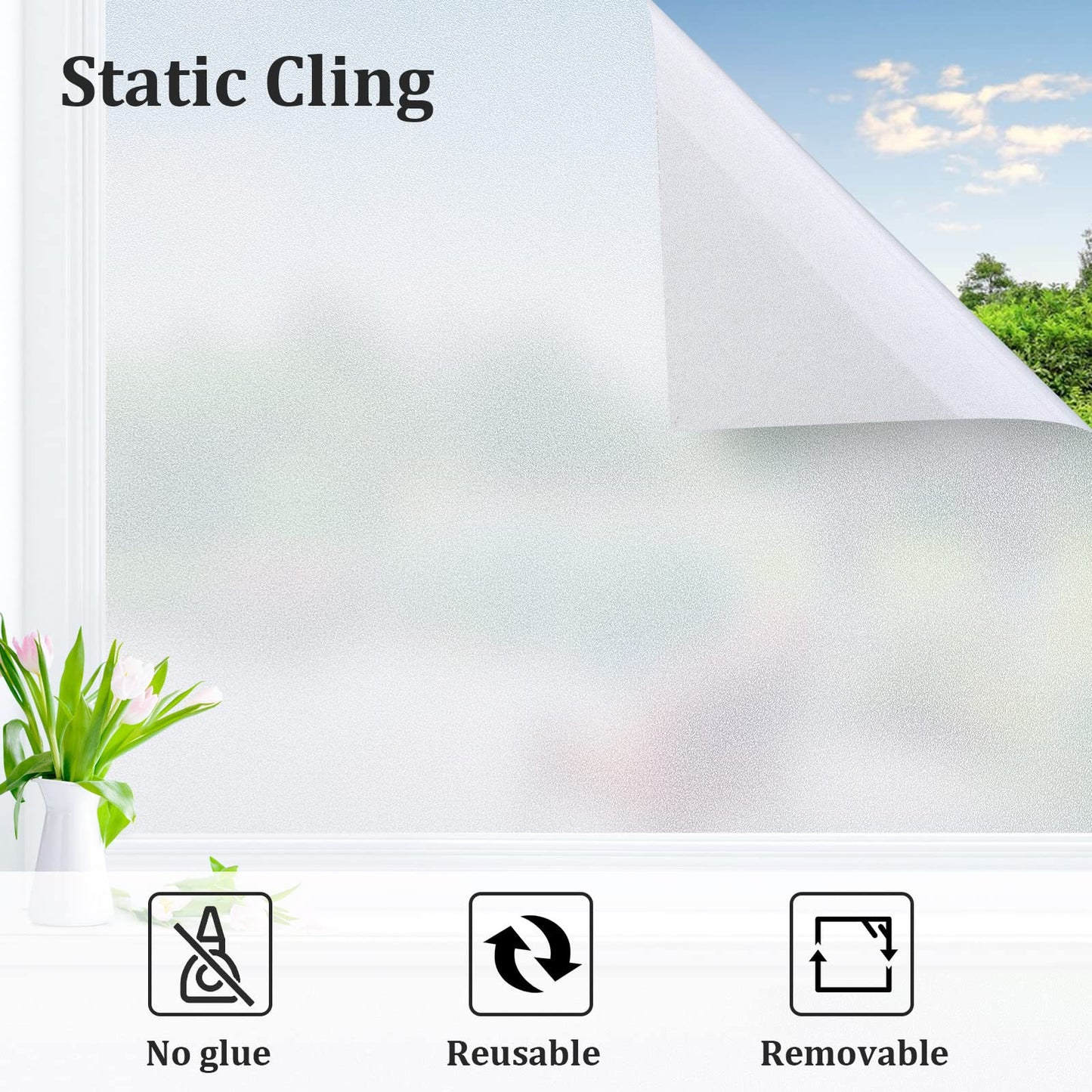 Coavas Window Films for Privacy Window Film Frosted Static Cling Non Adhesive Vinyl Sticker Sun Heat Blocking Window Coverings for Bathroom Home Office Door 23.6x78.7 Inch,60x200cm, Pure Frosted