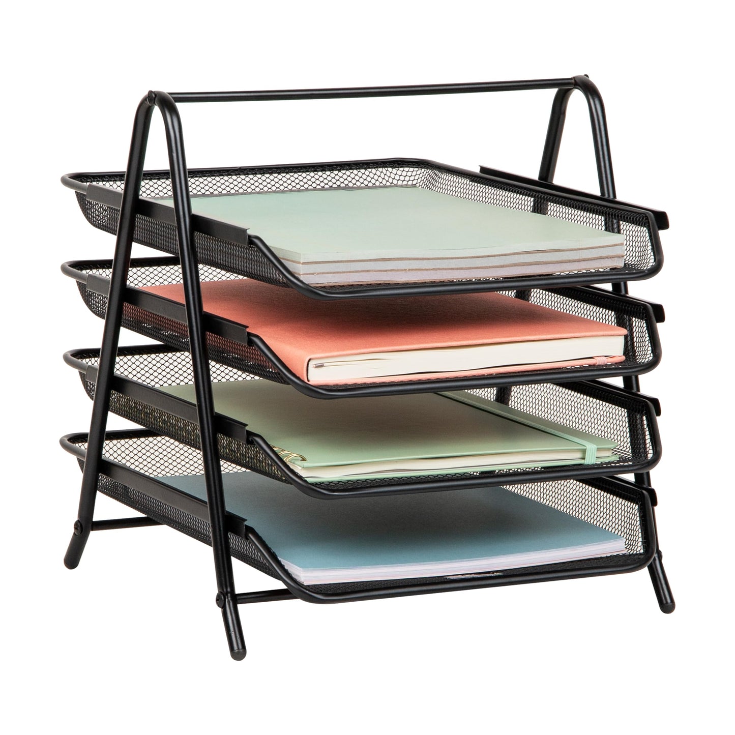 Mind Reader 4-Tier Paper Tray Organizer, Desktop File Sorter with Handle, Document Storage, Slide-Out Trays, Metal Mesh, Black