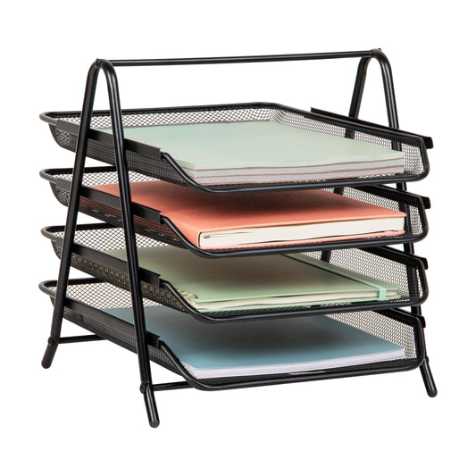 Mind Reader 4-Tier Paper Tray Organizer, Desktop File Sorter with Handle, Document Storage, Slide-Out Trays, Metal Mesh, Black