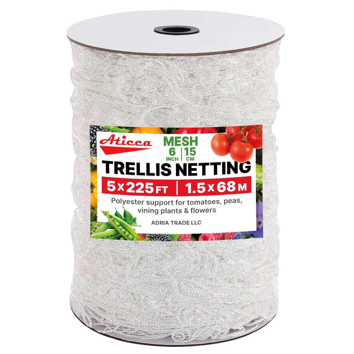 White Trellis Net for Garden 5 ft x 225 ft – Heavy Duty Polyester Trellis Netting Roll with 6 Inch Mesh for Vine Plants, Flowers, Peas and Tomatoes