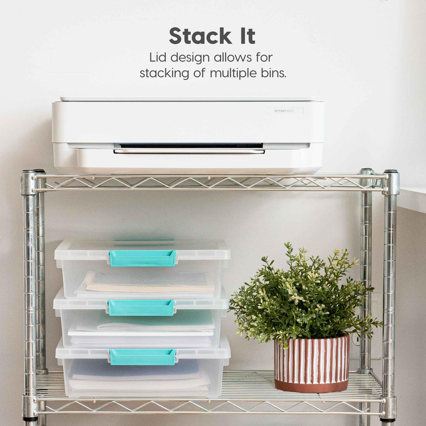 IRIS USA 5.7 L (6 US Qt) Large Clip Box, 4 Pack, Clear Plastic Storage Container Bins with Latching Lids, Organizing Container for Home, Office and School Supplies, Stackable, Seafoam Blue Buckles