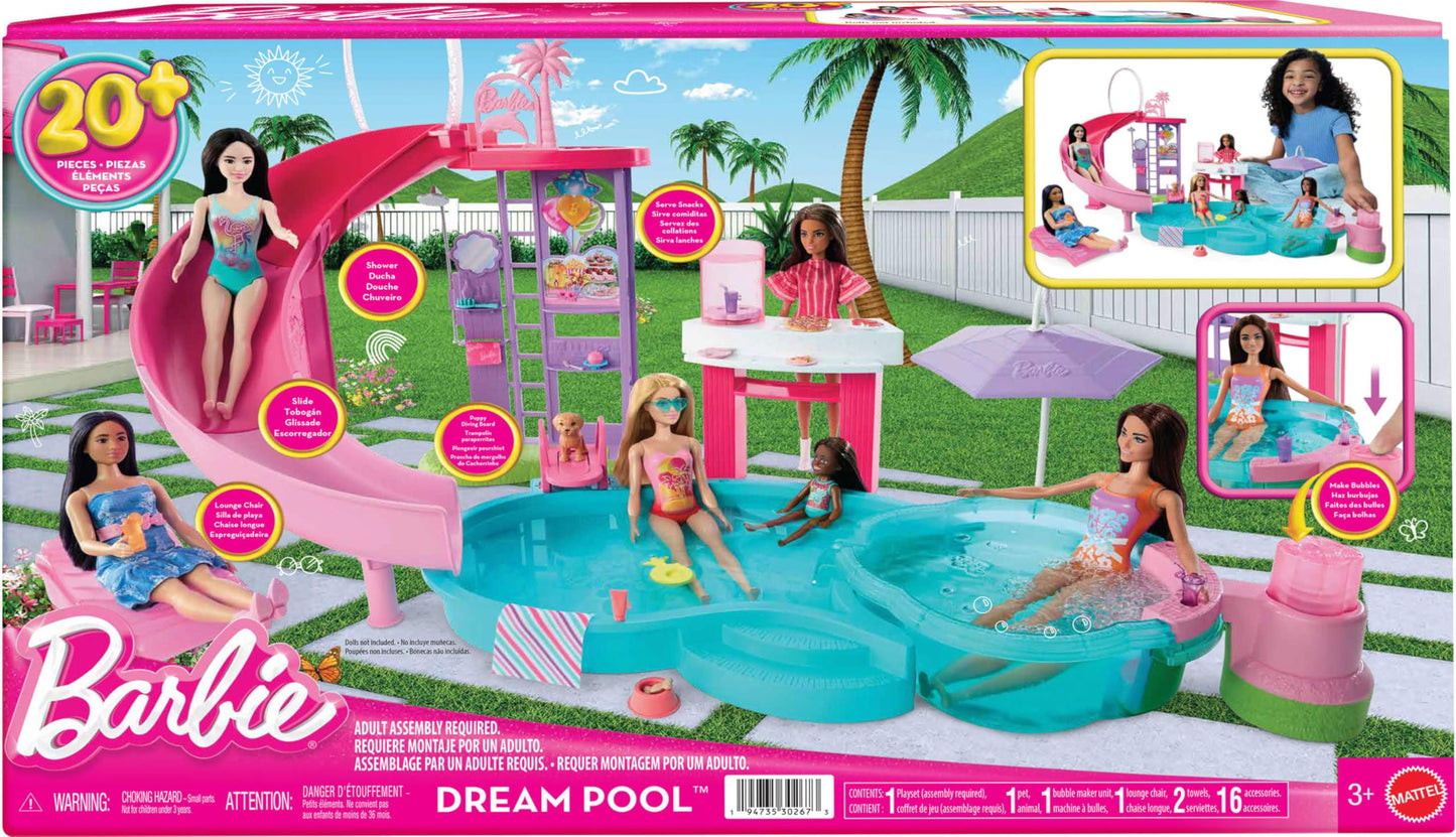 Barbie Dream Pool Playset with 6 Play Areas, Including Slide & Bubbling Hot Tub, Plus 20+ Accessories Like Pet, Floaties & More