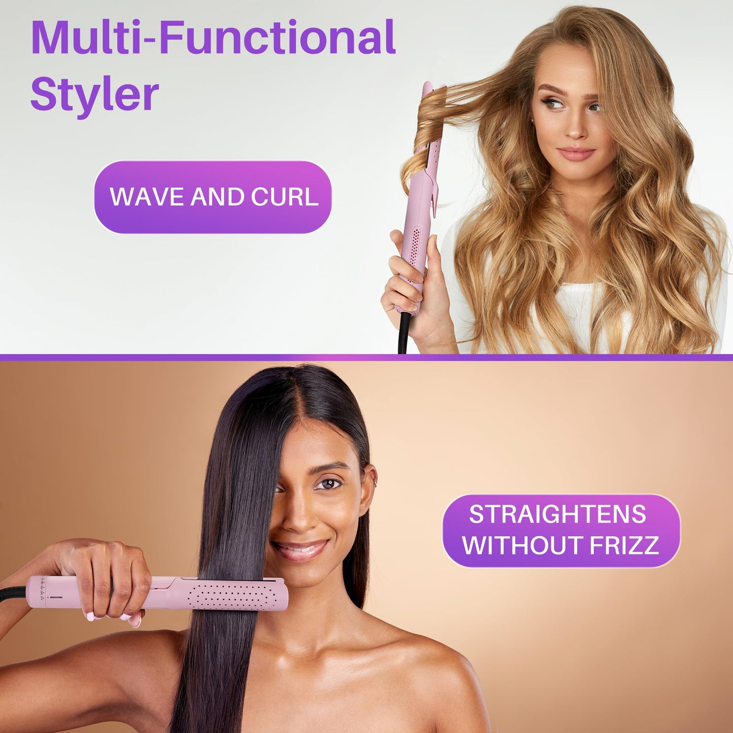 360° Airflow Styler - 2-in-1 Professional Curling Wand & Hair Straightener - Flat Iron Curler with Cooling Fan, Air Vents - Crimper Styling Tool for Volume & All-Day Curls - All Hair Types (White)