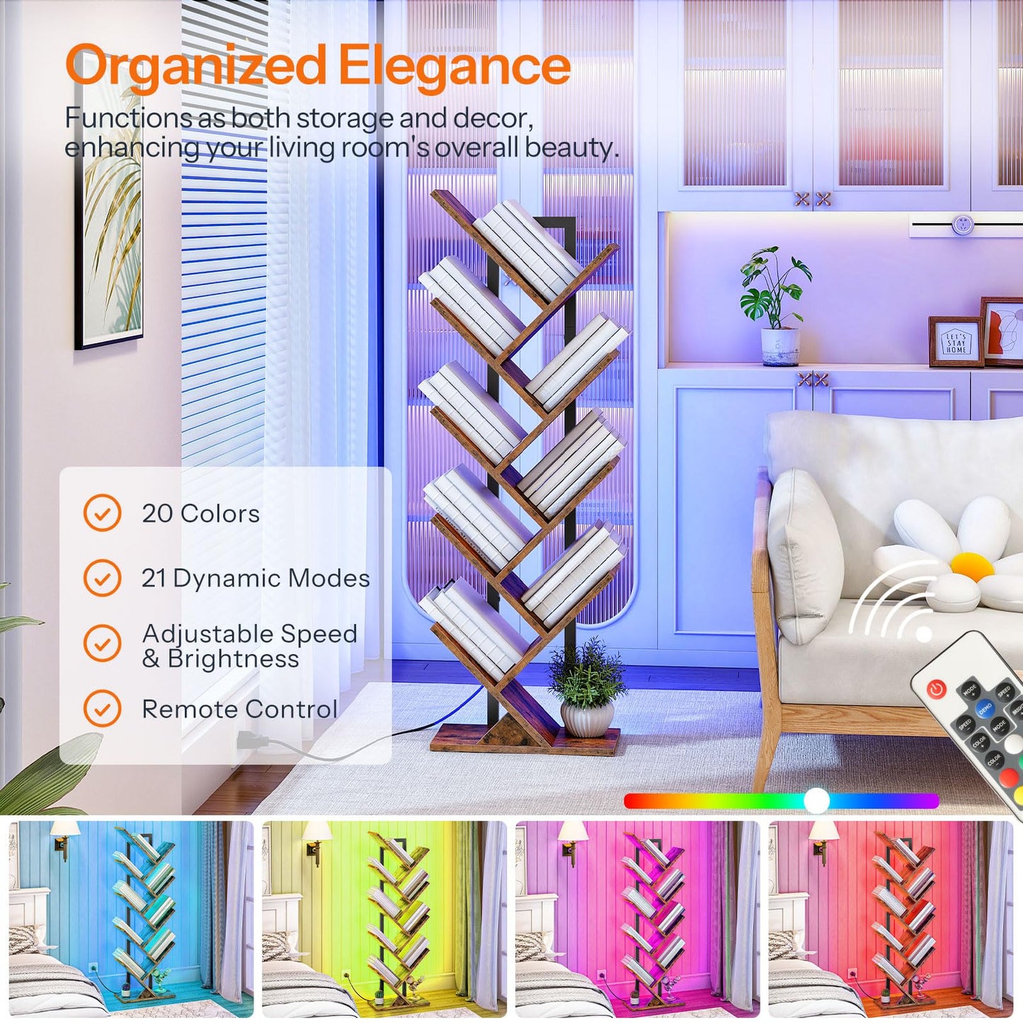 HOOBRO Tree Bookshelf, 9-Tier Bookcase with LED Lights, Space-Saving Book Shelf, Holds Books, CDs, Floor Standing Bookcase for Office, Living Room, Bedroom, Rustic Brown and Black BF08DSJ01
