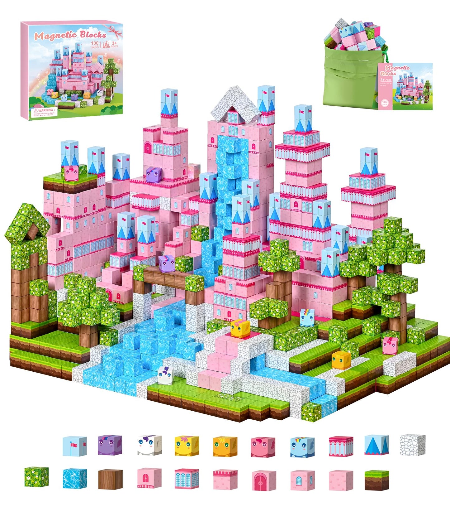 PINKCAT 100PCS Magnetic Blocks, Kids Building Pink Fantasy Castle Cubes, Stacking Tiles, STEM Sensory Toys for Toddlers, Kids Travel Essentials Toy, 3 4 5 6 7 8-12 Years Girls Boys Gifts
