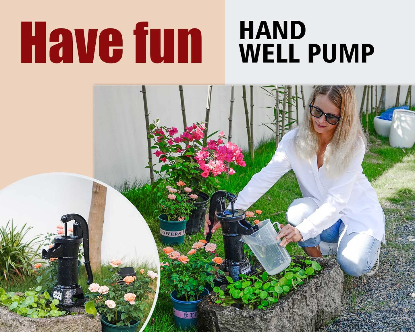 6699 Durable Cast Iron Pitcher Pump Antique Manual Hand Shake Suction Well Pump Water Transfer Pump 25ft Maximum Lift Easy Installation for Outdoor Garden Pond Backyards SWP 300 Black