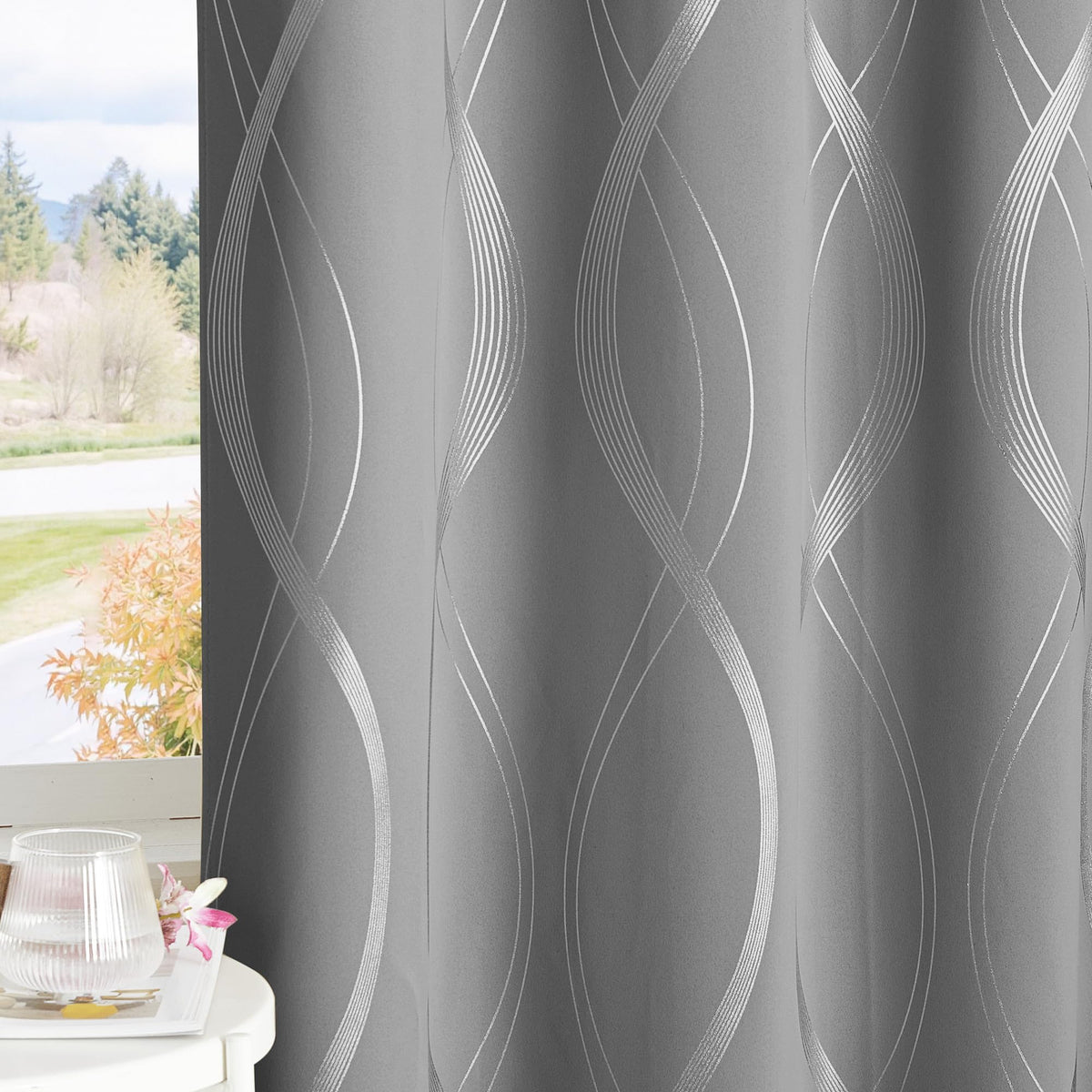 NICETOWN 100% Blackout Silver Grey Curtains Panels for Bedroom, Noise Reducing Thermal Insulated Wave Line Foil Print Design Window Blinds for Patio Sliding Glass Door (2 Panels,52" x 84")