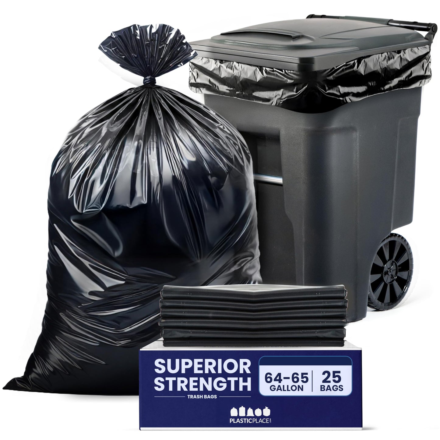 Plasticplace 64-65 Gallon Trash Can Liners for Toter │ 3.0 Mil │ Black Heavy Duty Garbage Bags │ 50” x 60” (25 Count)