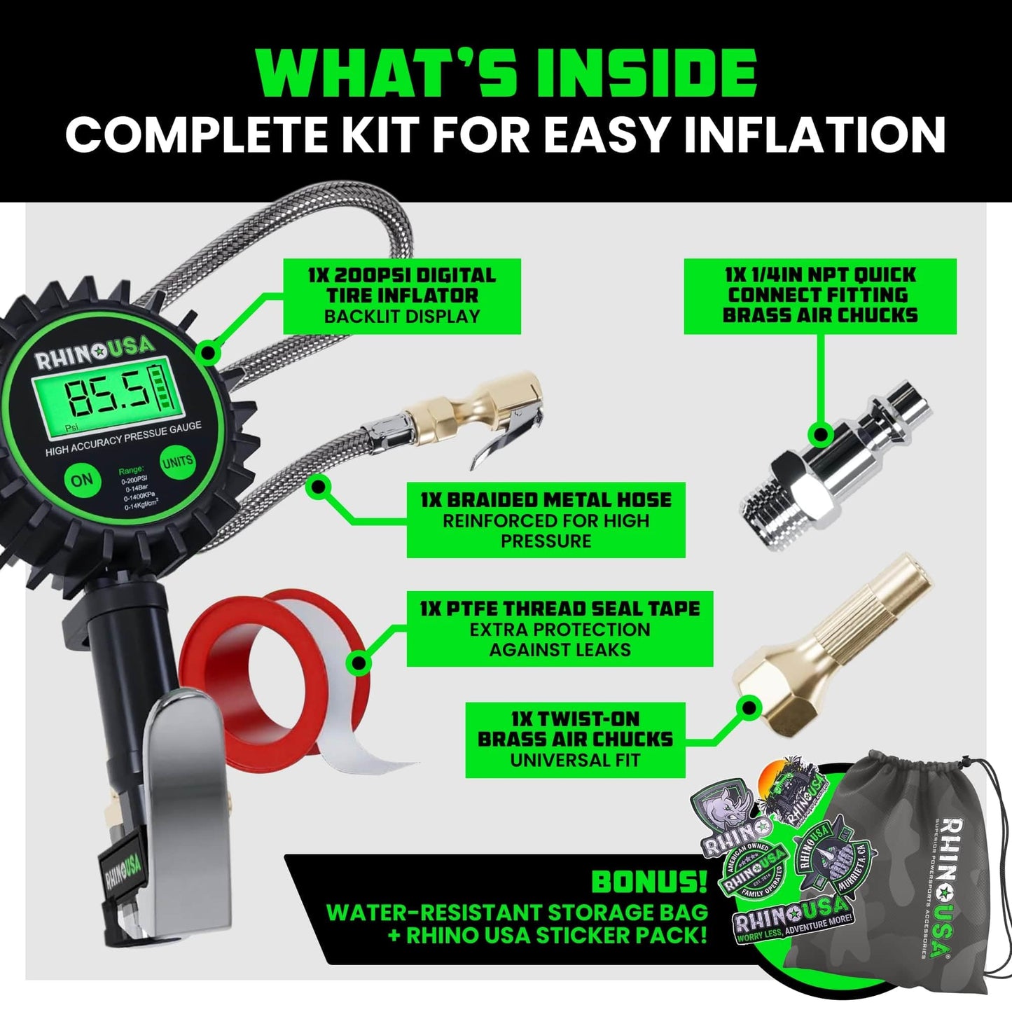 Rhino USA Digital Tire Pressure Gauge with Inflator (0-200 PSI) - Heavy Duty Air Chuck and Compressor Accessories with Stainless Braided Hose, Large 2" Dial and Solid Brass Hardware for Truck and RV
