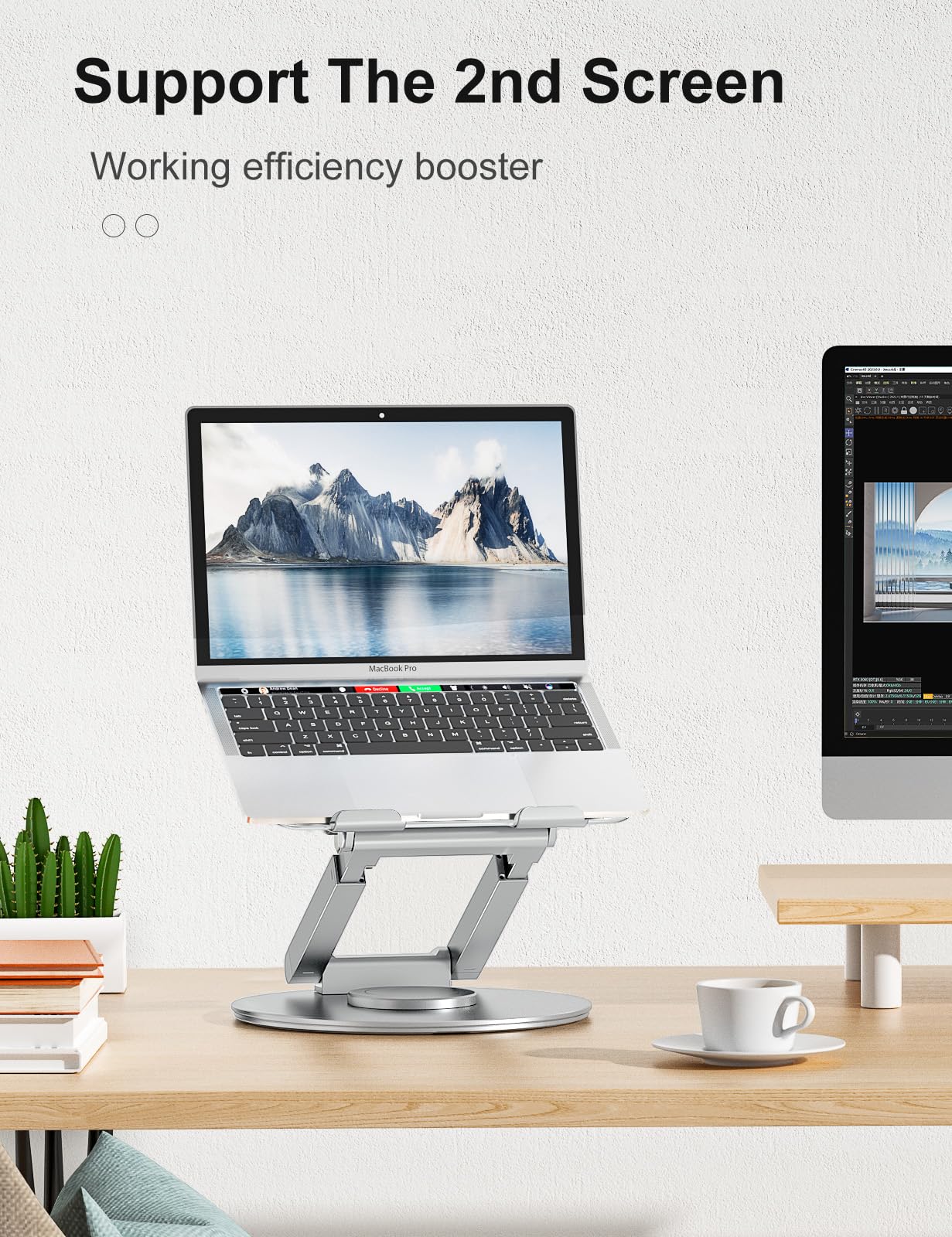 Tounee Telescopic Laptop Stand for Desk with 360° Swivel Base, Sit to Stand, Height Adjustable, Portable Riser Holder for Good Posture, Compatible with MacBook Pro, All Laptops 10-17"-Silver