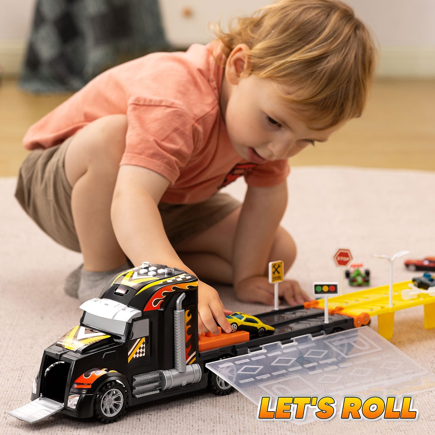 JOYIN Toy Truck for Kids, Race Toy Cars, 60" Extra Long Race Track and 12 Die-Cast Metal Cars, Toddler Carrier Truck Playset with Lights & Sounds, Birthday Gift for 2 3 4 5 6 7 Years Old Boys Girls