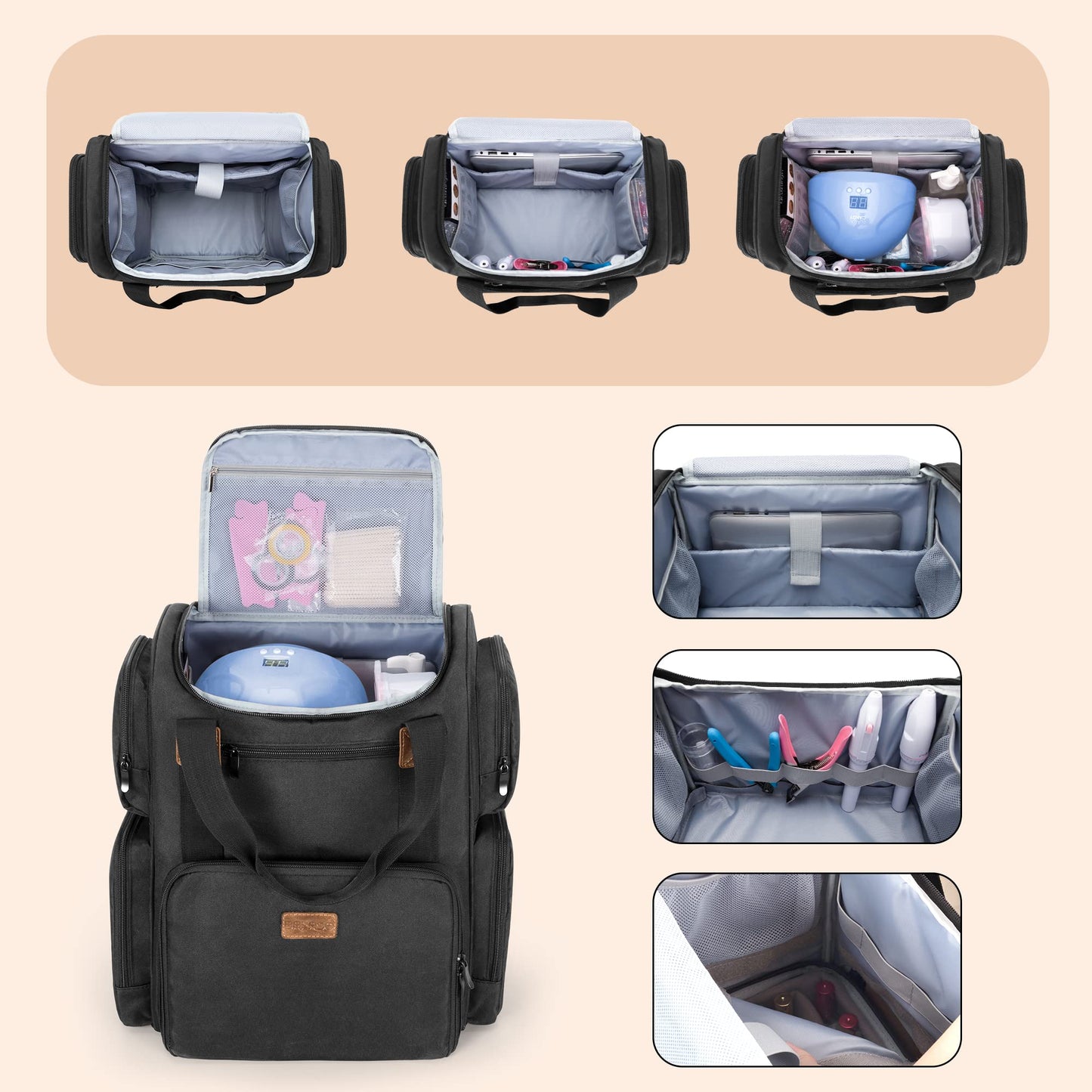 BAFASO Nail Polish Organizer Backpack Holds 70 Bottles and a Nail Lamp, Nail Polish Organizer Case with 2 Removable Pouches and a Laptop Sleeve (Patented Design), Black