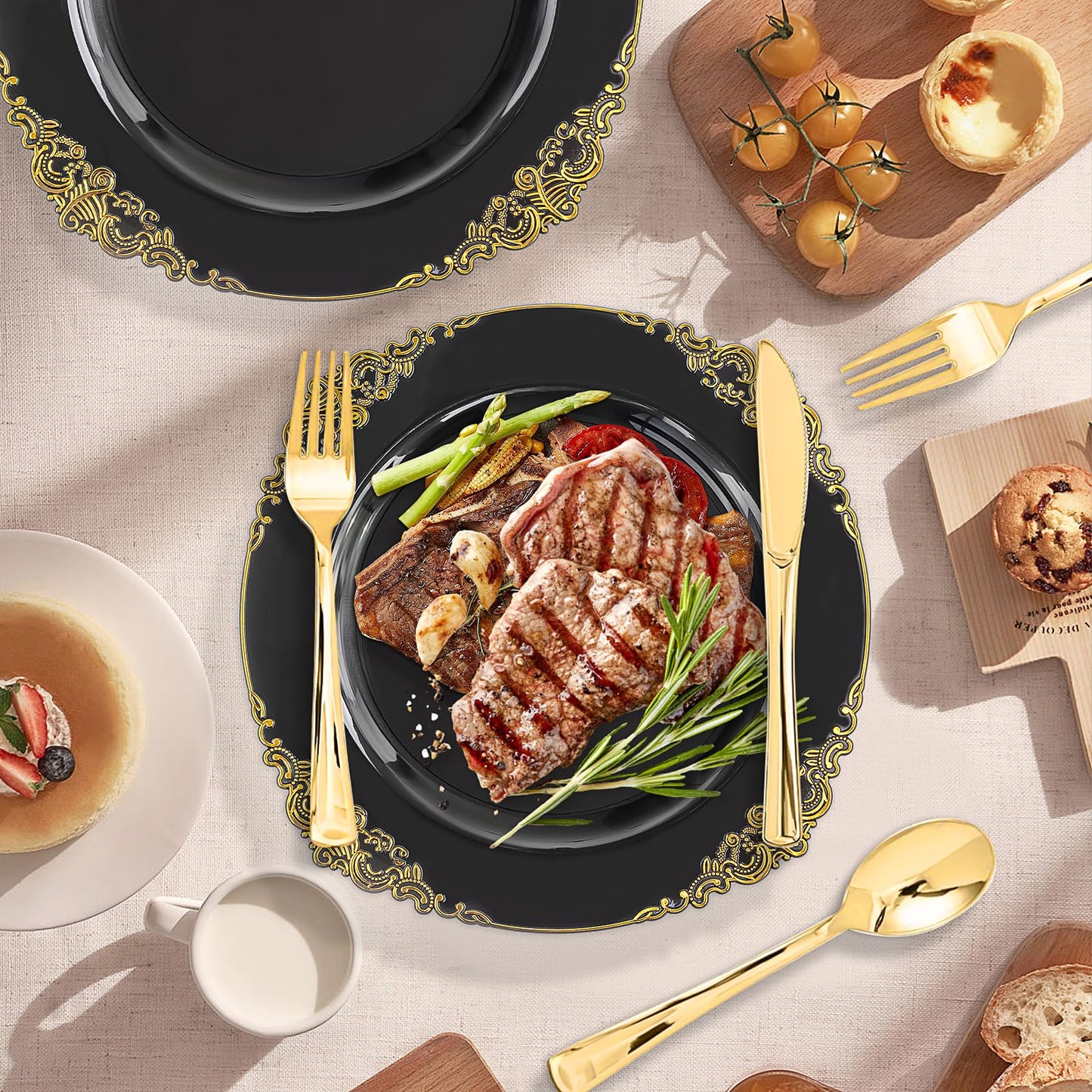 102pcs Black and Gold Plastic Plates, Disposable Party Plate Bulk, Include 51pcs 7.5inch Small Dessert Plates, 10.25inch Large Dinner Plates for Wedding Birthday Christmas Halloween Buffet Parties